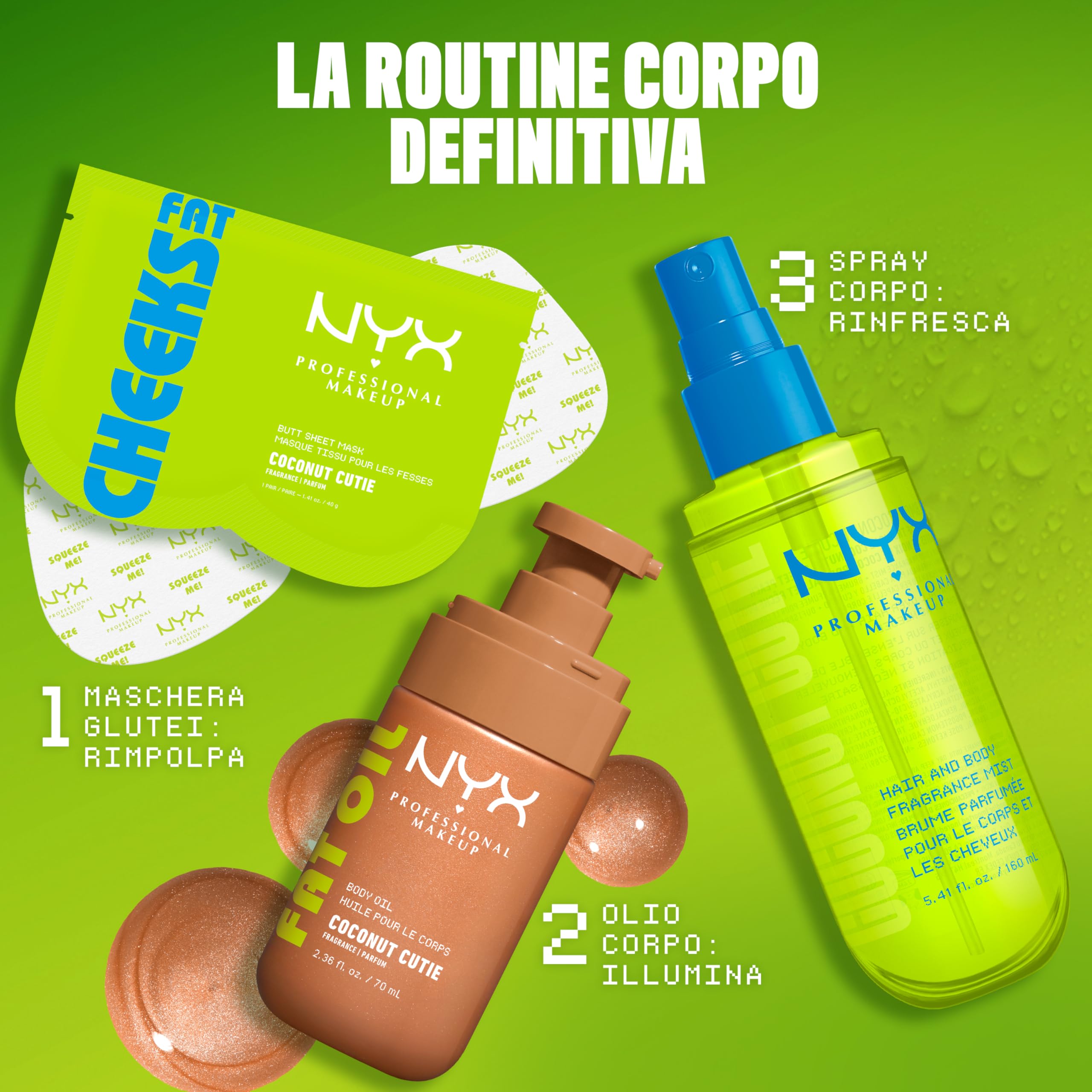 NYX Professional Makeup Fat Oil Body Mist Spray Corpo e Capelli, Fragranza Dolce, Effetto Delicato, Note di Cocco e Pesca, Coconut Cutie, 80 ml