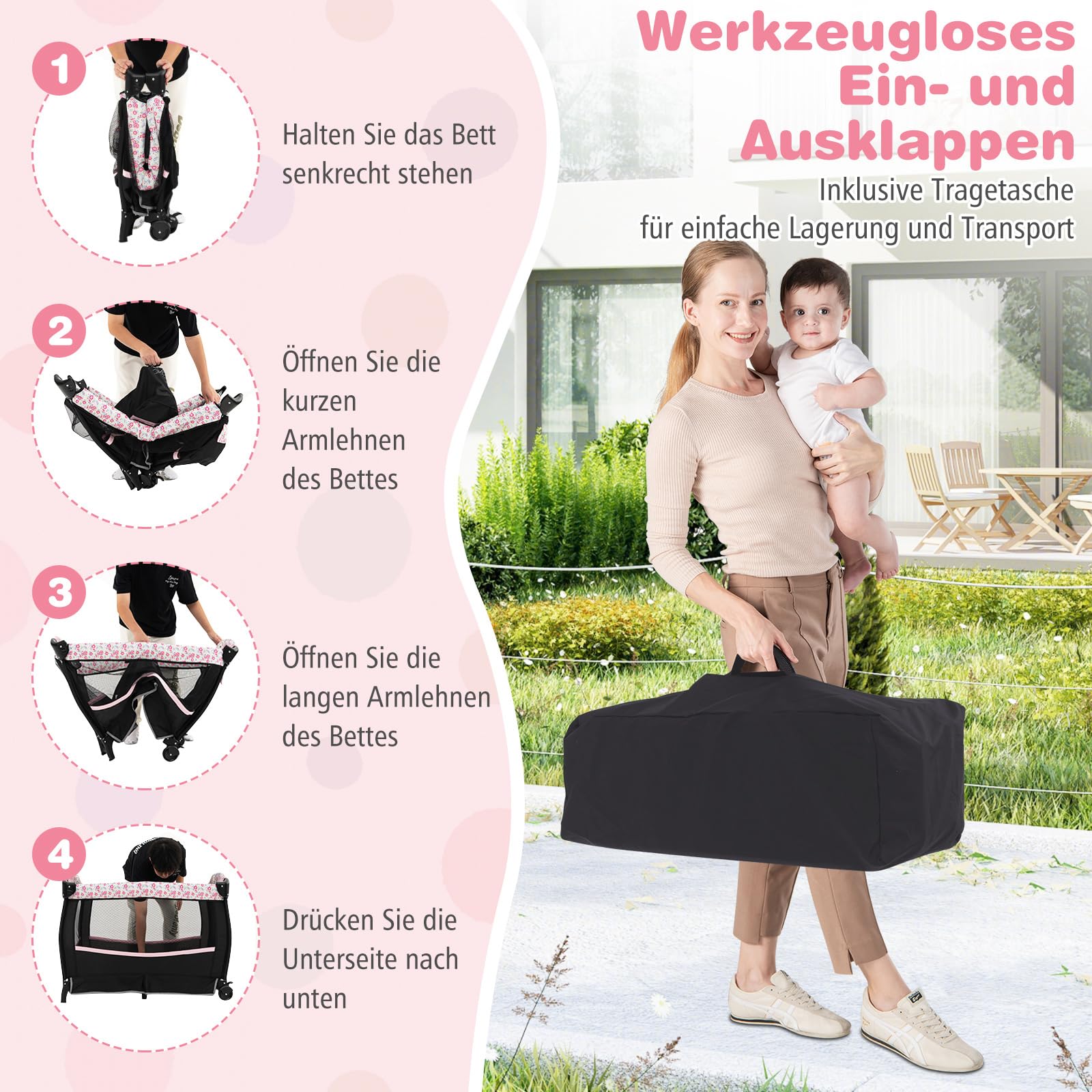 COSTWAY 5 in 1 Reisebett mit Matratze, Beistellbett klappbar, Babybett bis 15 kg Rosa Blumen