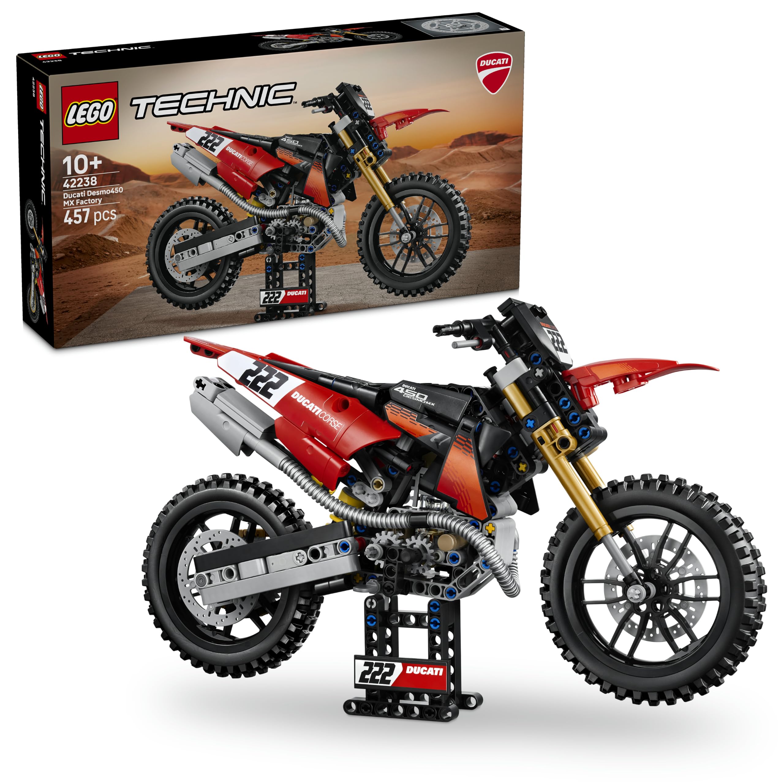 LEGO Technic Ducati Desmo450 MX Factory Motorcycle Model Kit - incl. Motorbike Toy w/cylinder engine & Suspension - Desk Decor - Collectible Gift for 10+ Year Old Boys - 42238