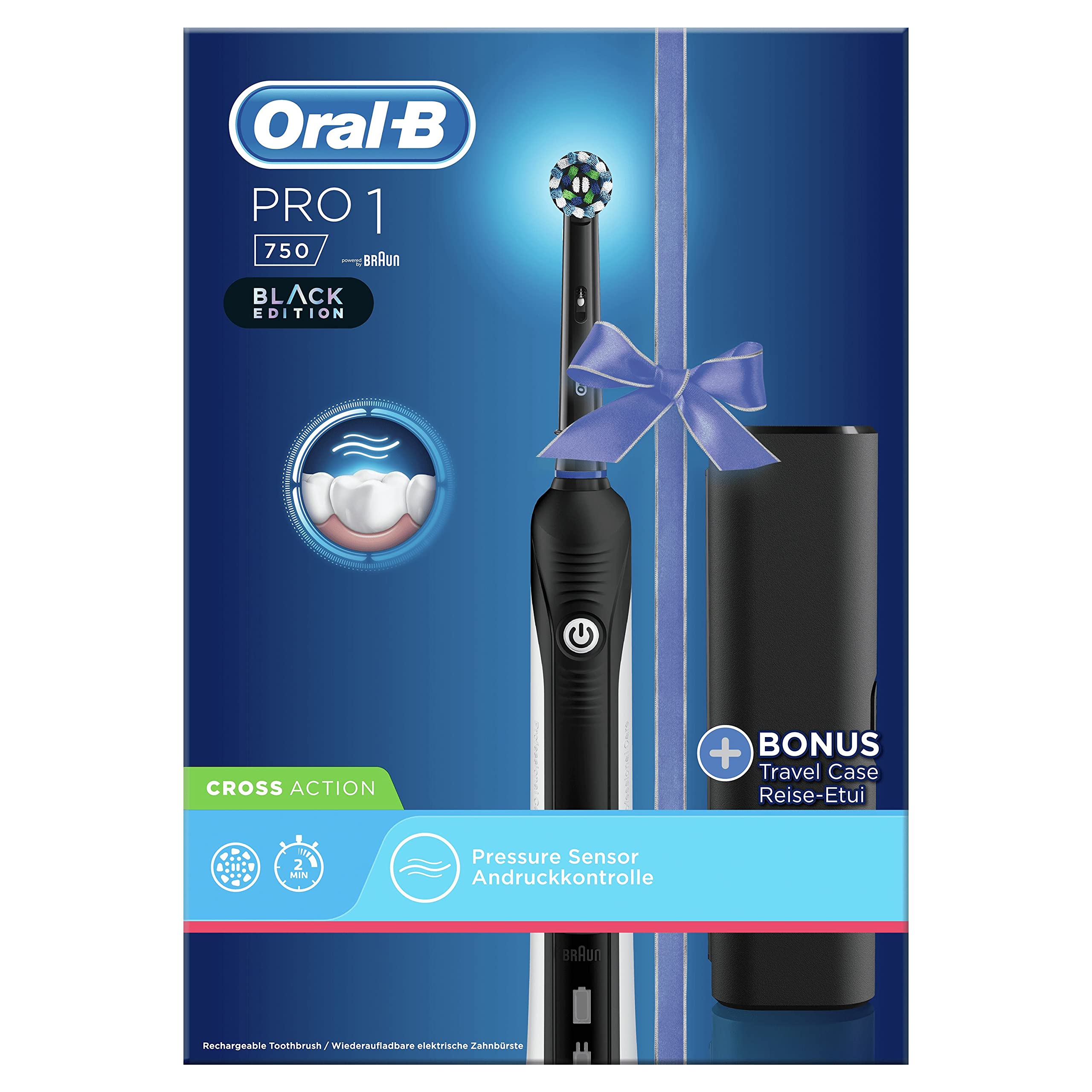 Oral-B PRO 750 CrossAction Cepillo de Dientes Eléctrico con Mango Recargable, Tecnología Braun y 1 Cabezal de Recambio y Estuche De Viaje - Negro