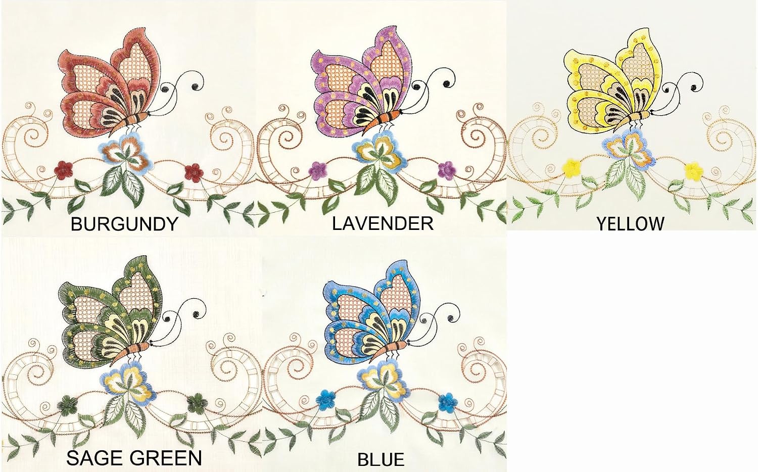 GOHD - Dancing Butterfly. 3pcs Multi-Color Embroidery Cafe Curtain/Swag & Tiers Set with cutworks. (Yellow)