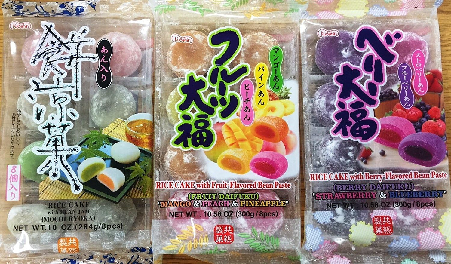 Japanese Fruit Flavor Mochi Strawberry & Blueberry, Mango & Peach & Pineapple, Bean Jam Rice Cake Mochi Sampler - 8 Count (Pack of 3)