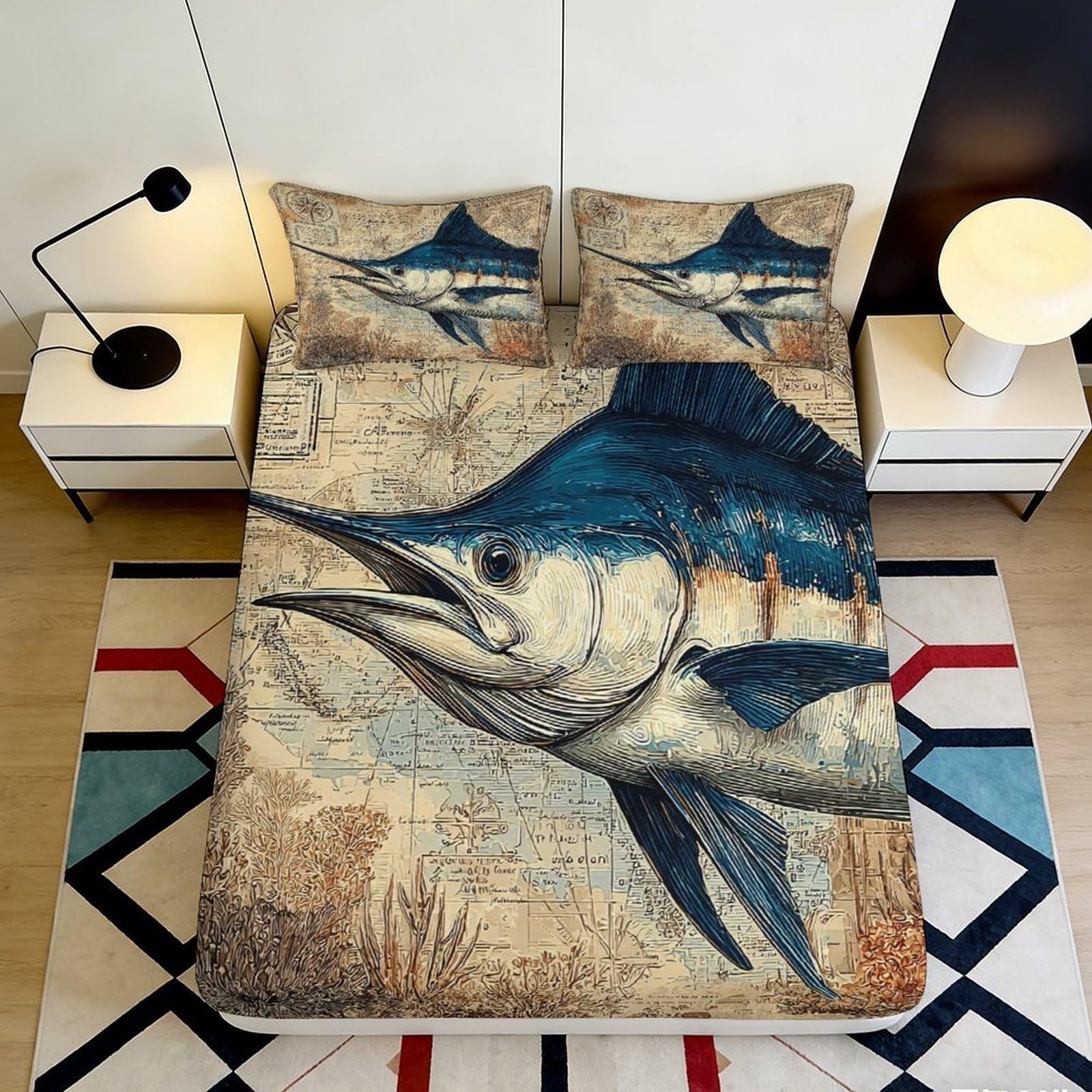 3D Printed Blue Marlin Ocean Map Fitted Sheet Microfiber Anti-Slip Bed Cover for Bedroom Guest Room Decor 120x200x25cm
