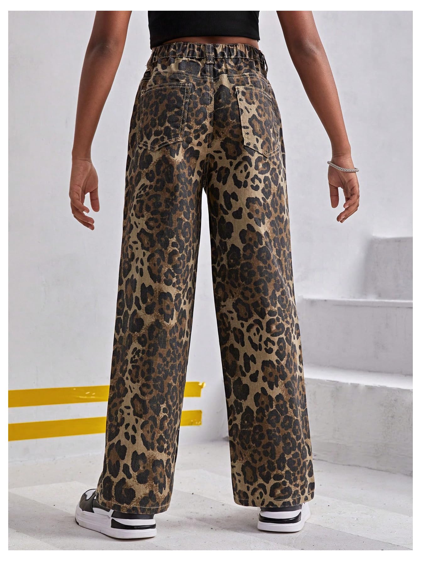 Floerns Mädchen-Jeans, Leopardenmuster, mittlere Taille, gerades Bein, Y2k Grunge Denim-Hose