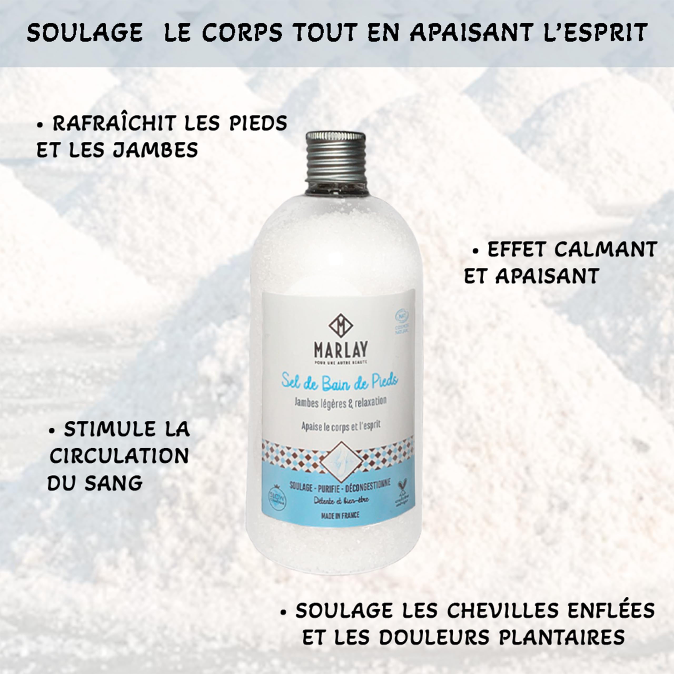 Marlay Cosmetics - Sel de Bain pour Pieds 600 g - Sel Marin, Menthe Poivrée & Huiles Essentielles - 100% Naturel - Soin des Pieds & Jambes - Pieds Secs - Spa Bien-Être - Fabriqué en France