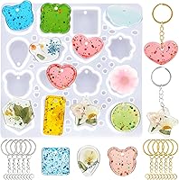 KINYFY Keychain Silicone Resin Mold Kit with 10 Key Rings & 20 Jump Rings - 16 Designs for DIY Keychains, Pendants, Necklaces (Keychain-A)
