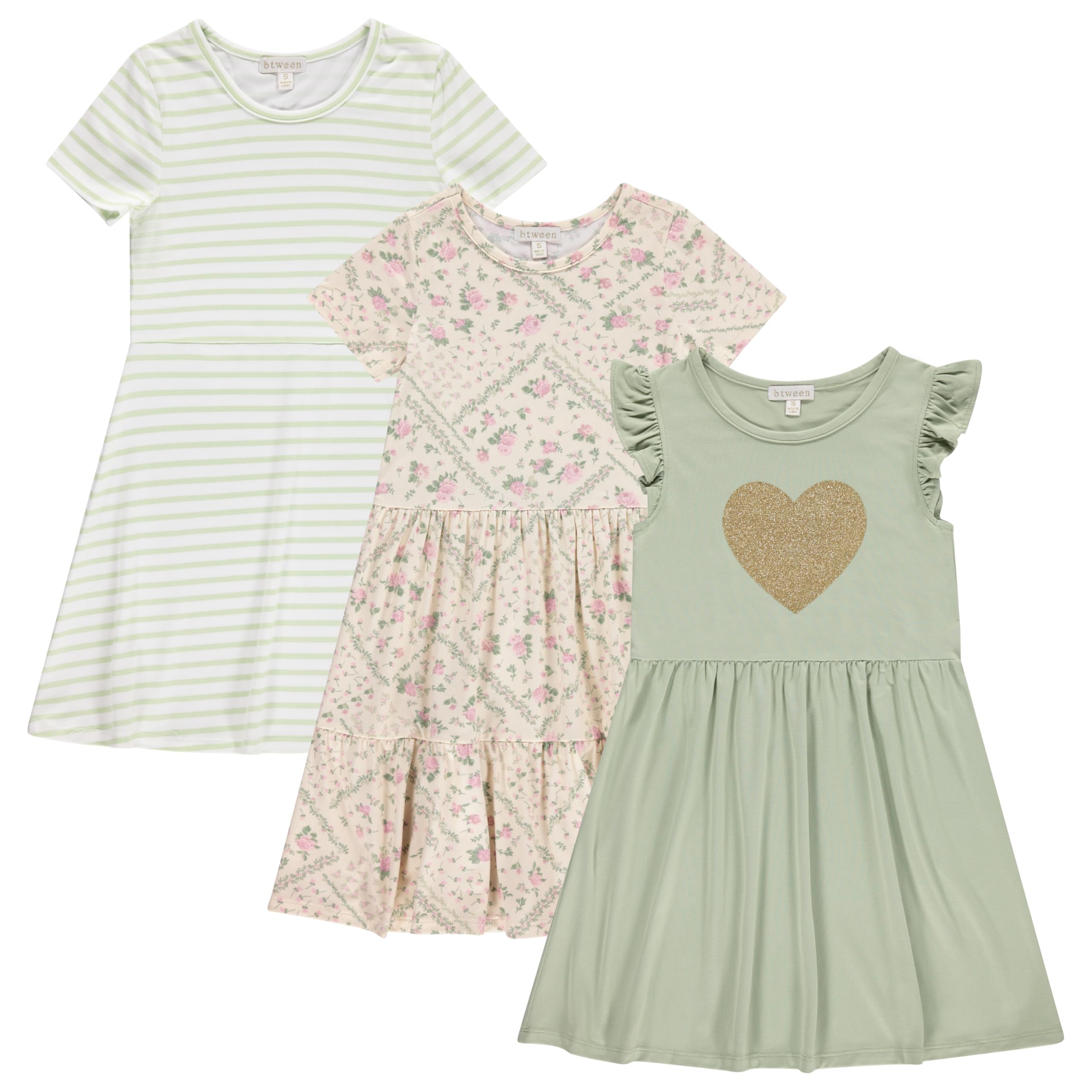 BTween Girls Dresses 3 Pack Short Sleeve Skater, Tiered & Ruffle Sleeve Dresses, Soft Brushed ITY Fabric