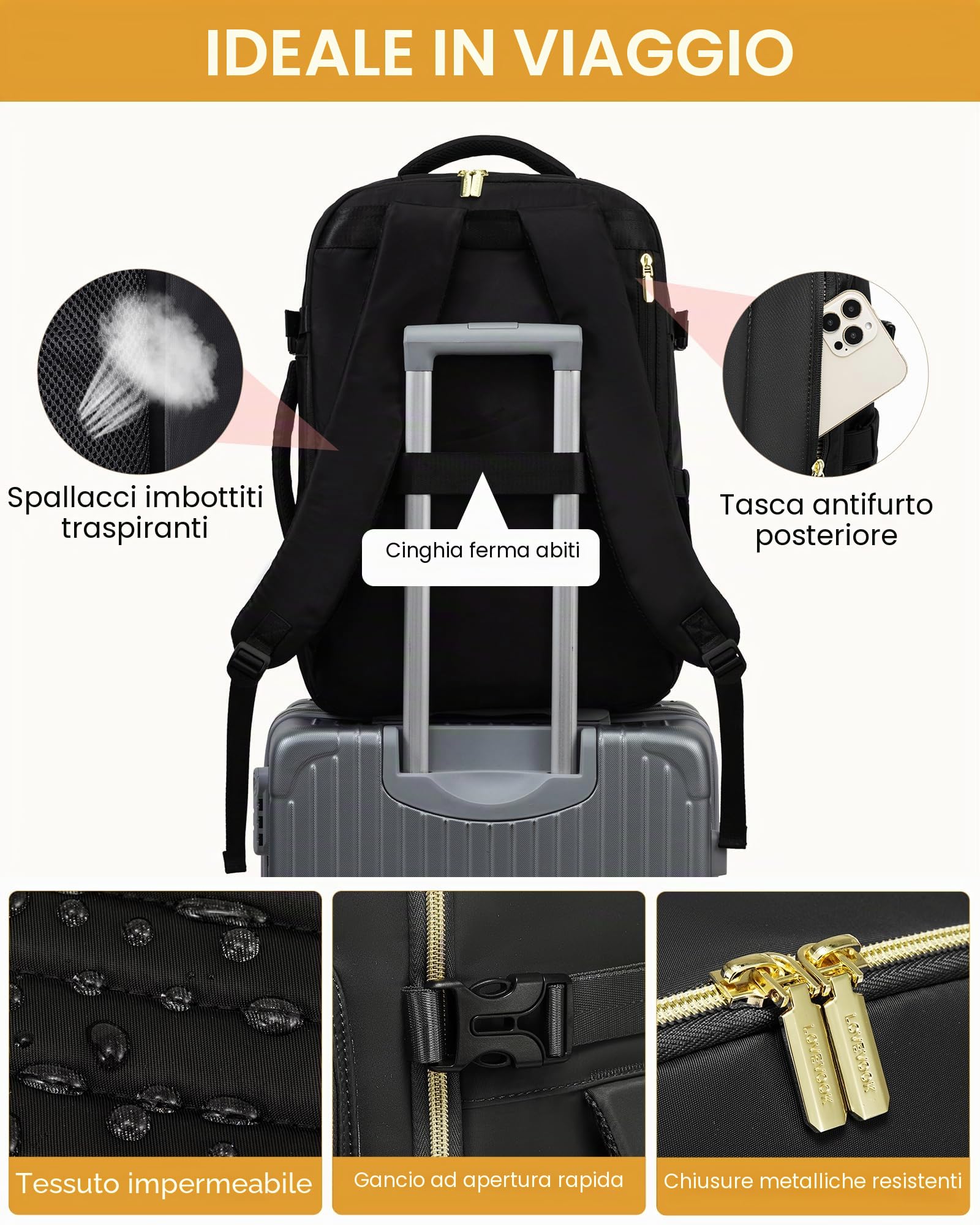 LOVEVOOK Zaino da Viaggio Aereo Bagaglio a Mano, Impermeabile Zaini Trolley Donna 50L Cabin Max per Ryanair Easyjet, Grande Zaino Porta PC 18 Pollici Valigia Borsa a Zainetto, Nero