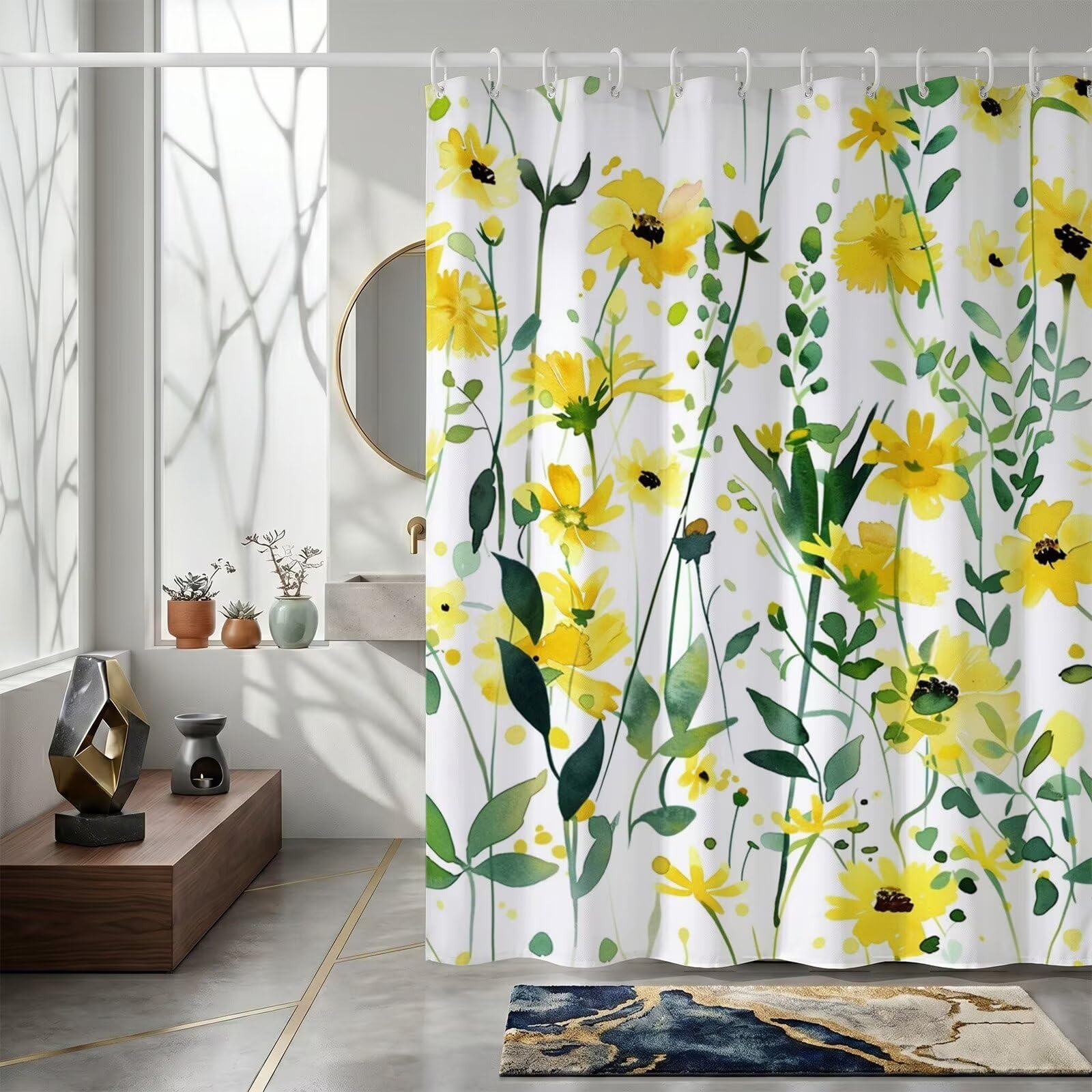Rideau de douche 130x170cm en polyester lavable avec anneaux pour baignoire Fleur