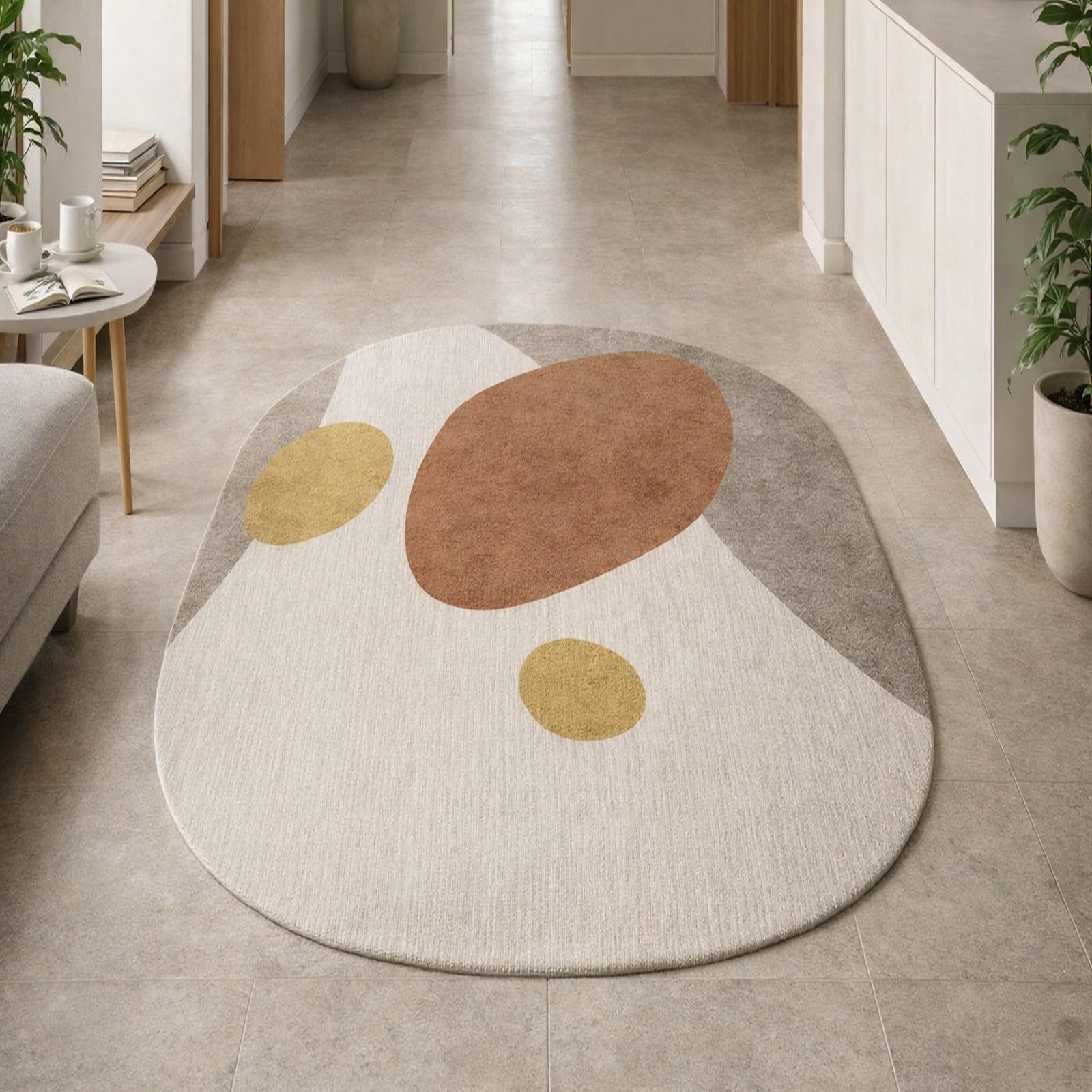 Tapis ovale salon beige et marron 80x100 cm abstrait moderne
