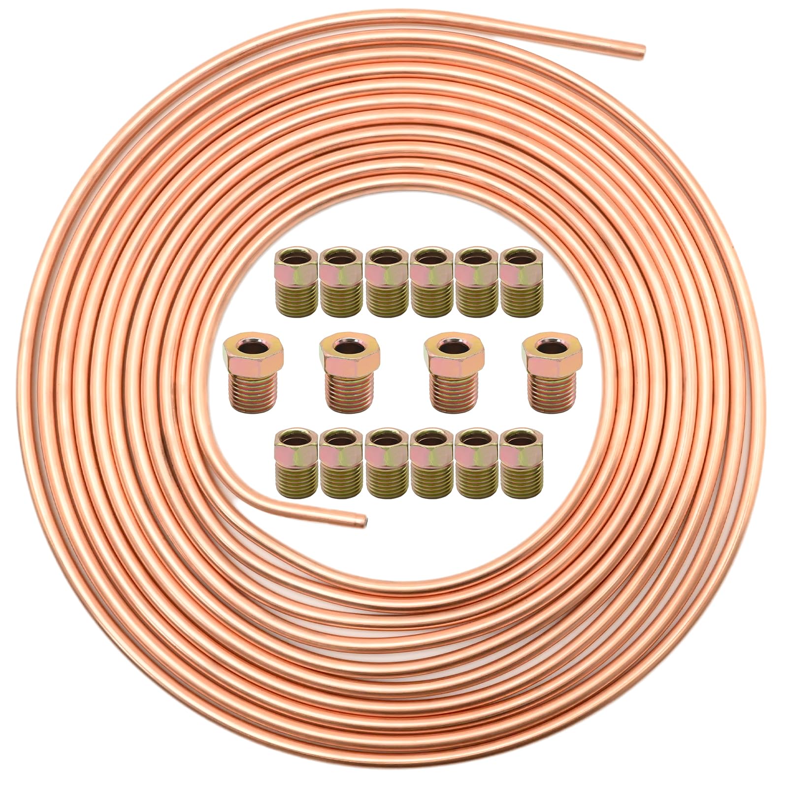 Hoypeyfiy Cavo freno in rame per auto, 6,35 mm, 1/4", con rivestimento in rame, tubo del freno, tubo del freno, tubo di ricambio auto, lunghezza 7,6 m con 16 dadi