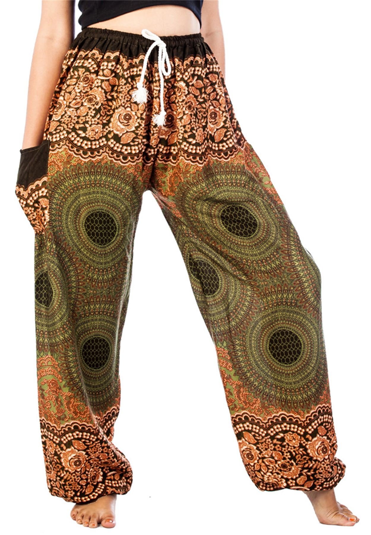 Lofbaz Women's Drawstring Rose 1 Harem Boho Genie Pants Green 4XL