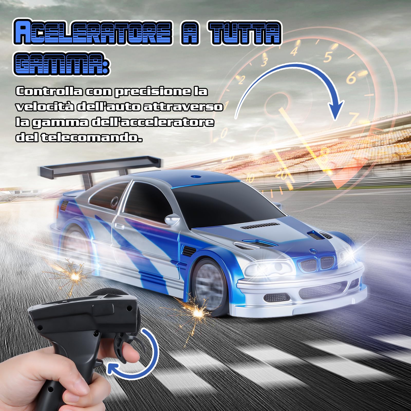 JONRRYIN RC Auto Drift Pro 1:43, Macchina Telecomandata Drift, Mini Drift Car, Micro Macchina Telecomandata con Luce LED, 15km/h, Auto Giocattolo per Bambini di 14 Anni (Blu Pro-Gyro)