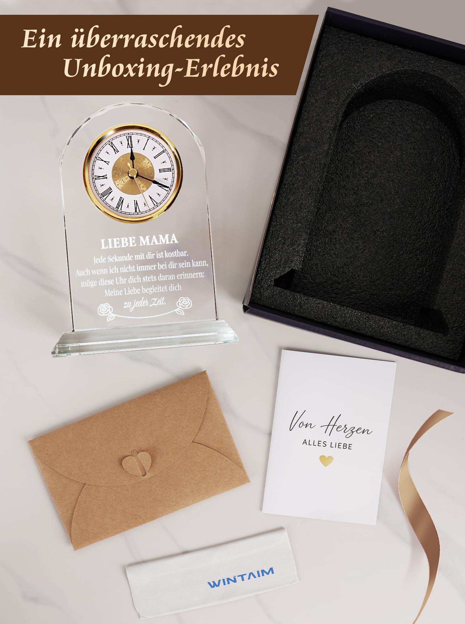 Geschenk für Mama zum Geburtstag & Muttertag – Edle Glasuhr mit Spruch von Tochter & Sohn – Besondere Geschenkideen für Frauen – Dekorative Tischuhr in Geschenkbox