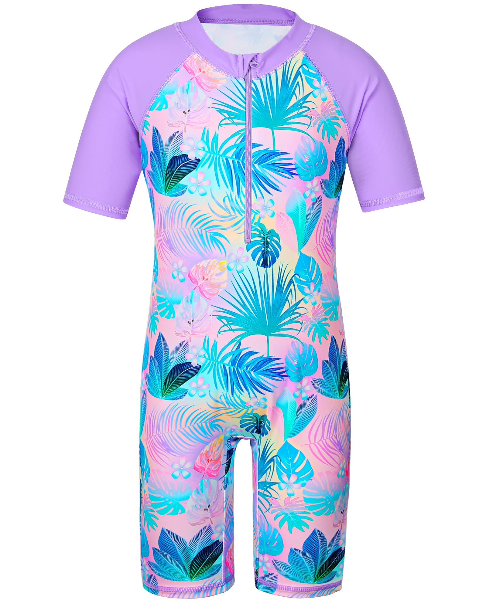 TFJH E Short Sleeve Girls Swimsuits UV 50+ One Pieces Bathing Suits Zipper 2-14Y