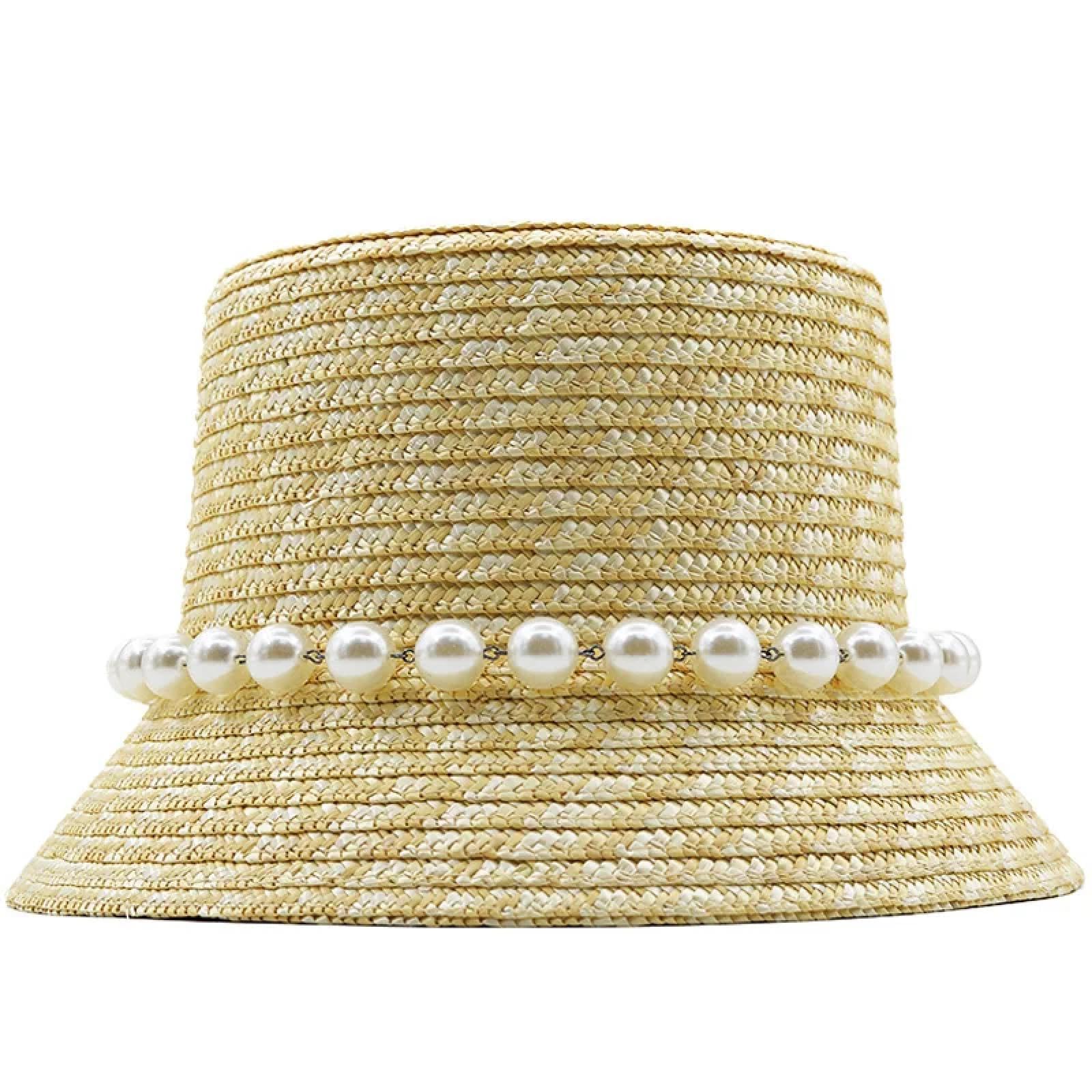 Sonnenhut Strohhut Hut Handgemachte Hüte Für Frauen Damen Sonnenhut Große Perlen Kette Beige Strohhut Adjuatble Strand Mütze Breite Krempe 56-59Cm 04