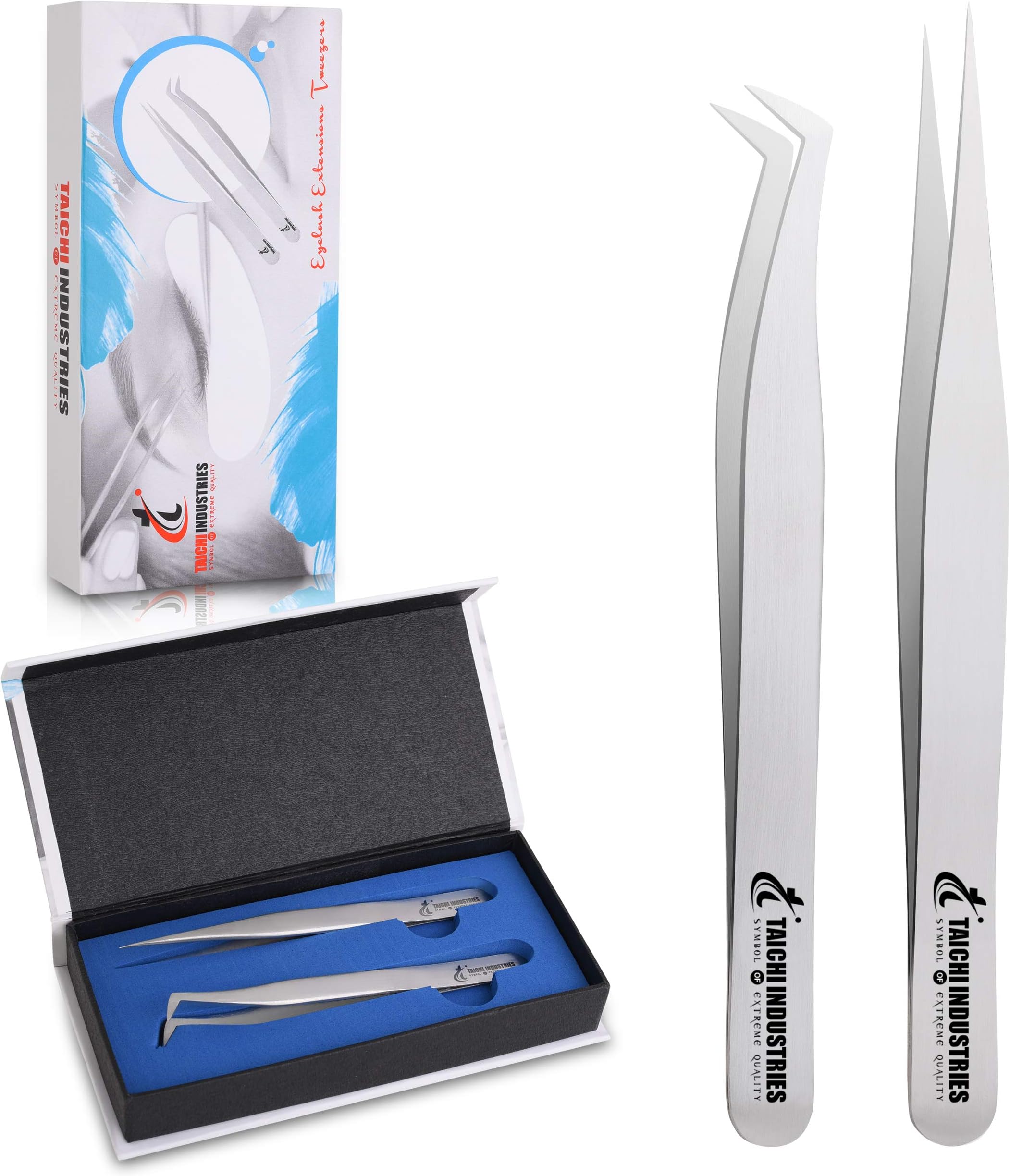 Set of 2 Tweezers For Eyelash Extensions-Stainless Steel Straight and Curved Pointed Eyelash Extensions Tweezers-Professional Tweezers Set for Isolation False Individual and Volume Lashes