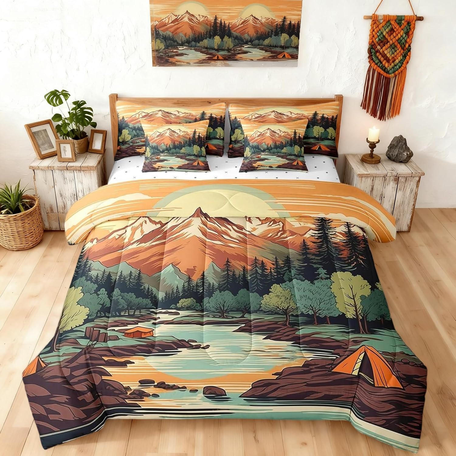 Twin Size 7 Piece Bedding Sets Mountain River Comforter Set Tent Nature Camping Bed Sheet Orange Reversible Printed Quilt Set + Flat Sheet + Fitted Sheet + 2 Pillowcase + 2 Throw Pillow Covers