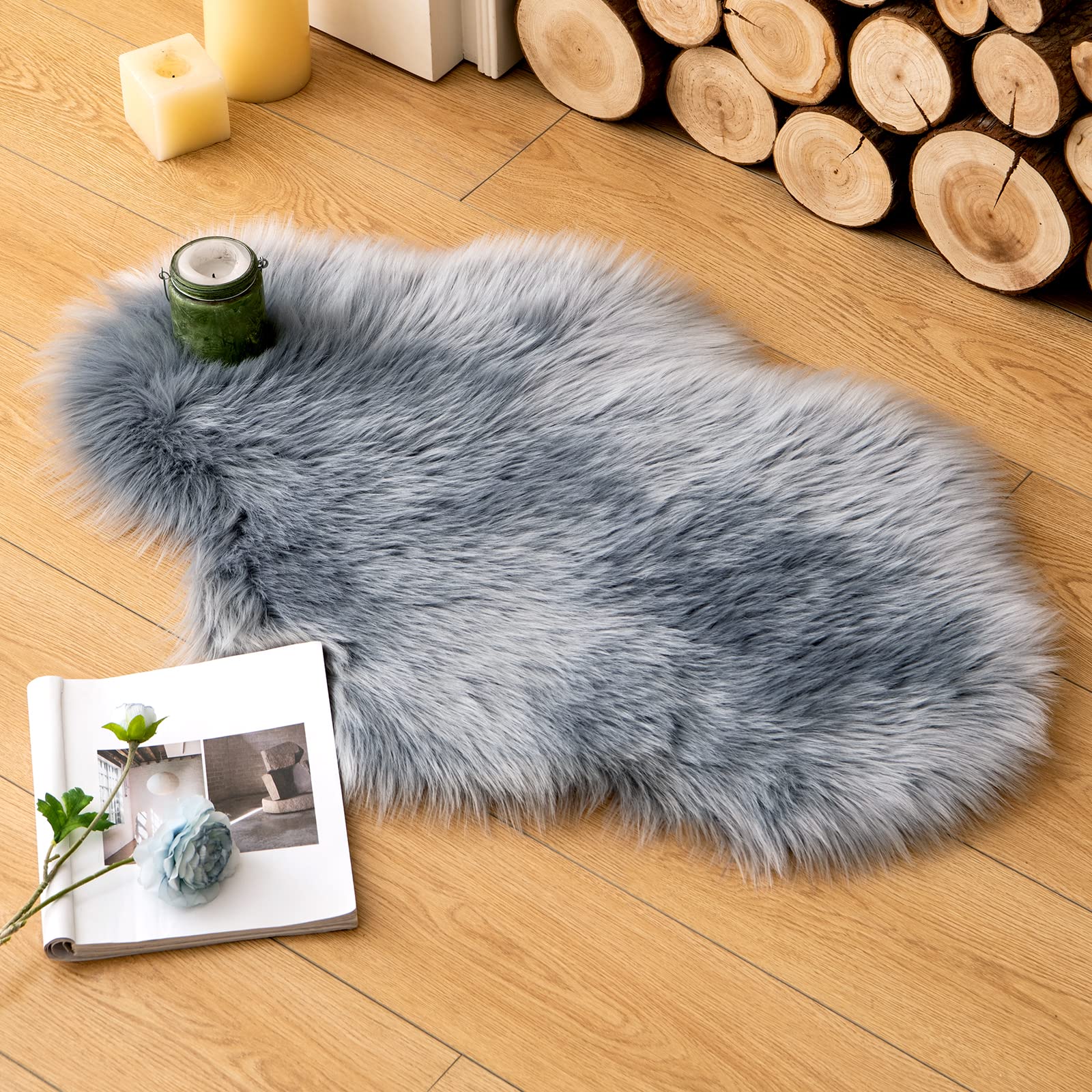 MIULEEFaux Fur Area Rugs Sheepskin Rugs Faux Fluffy Mat Fleece Chair Cover Seat Pad Soft Shaggy Area Mat for Bedroom Sofa Floor 60 x 90cm Cloud Shape Grey