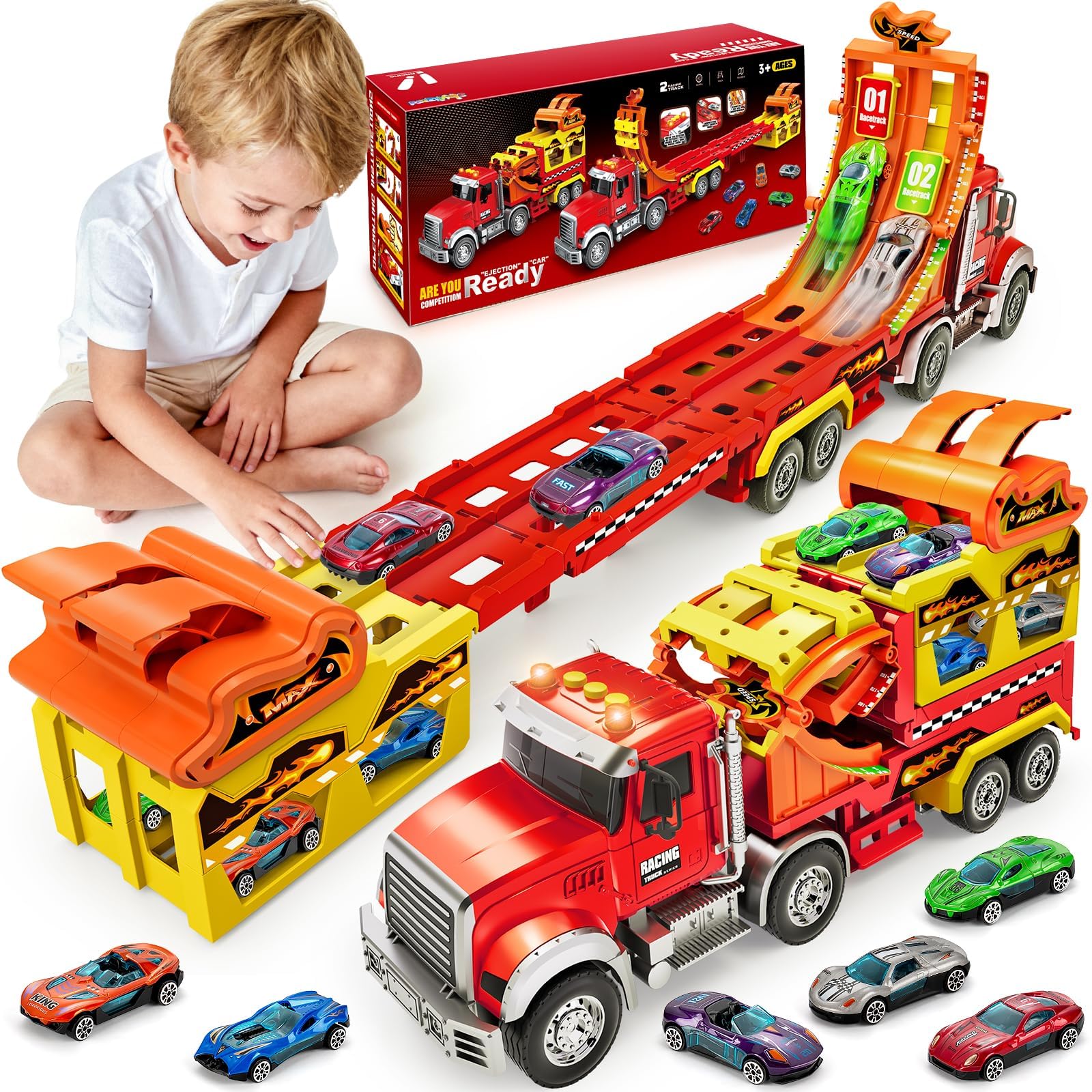 Photo 1 of Truck Car Toys for 3, 4, 5, 6, 7, 8 Years Old Kids, Carrier Truck Race Track Toys, Foldable Transport Car Toys with Foldable Race Tracks and 6 Metal Cars, Birthday Gifts for Toddler Boys Girls (Red)