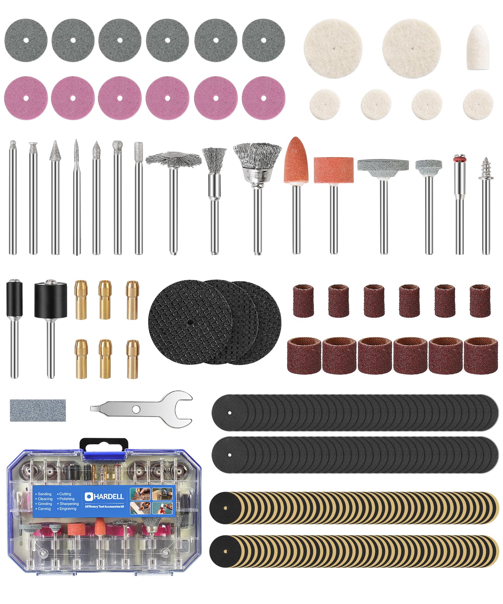 HARDELL Rotary Tool Accessories, 287pcs Power Rotary Tool Accessories Kit, 1/8"(3.2mm) Diameter Shanks, Universal Fitment for Easy Cutting, Polishing, Sanding, Carving, Grinding, Engraving