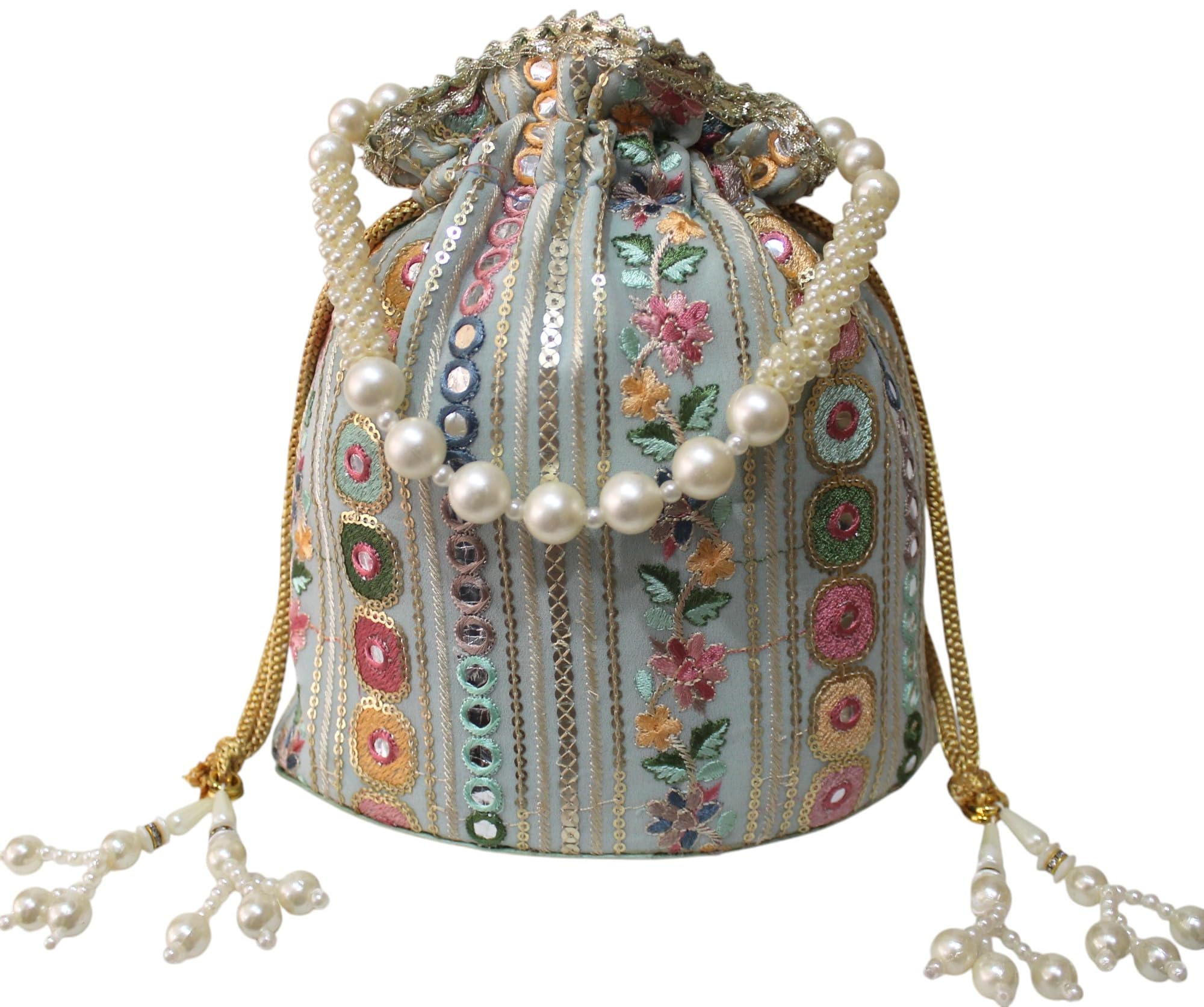 milan's creation MultiColor Embroidery Potli Bag With Pearl Handle & Tassel Wedding Trendy Purse Women’s Handbag-picture-26