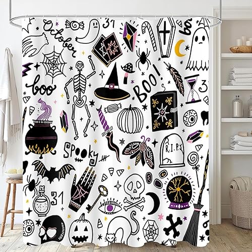 Miniatura 8 de Juego de 4 cortinas de ducha de Halloween con alfombra de baño, tapete en forma de U, cubierta de tapa de inodoro y 12 ganchos, accesorios de