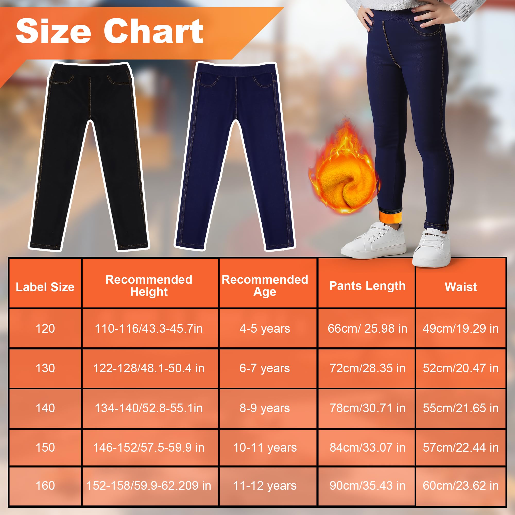 Dziewczęce legginsy termiczne, dżinsy, legginsy z podszewką z polaru, 2 sztuki, wysoka talia legginsy na co dzień ciepłe zimowe slim fit miękkie długie spodnie odzież dziecięca 4-12 lat