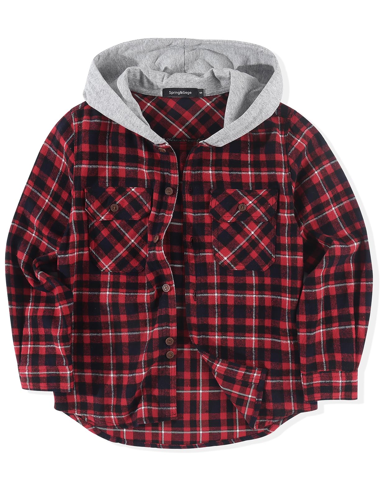 Spring&Gege Camisa de franela con capucha para niños, de manga larga, a cuadros, con botones, informal, para otoño e invierno