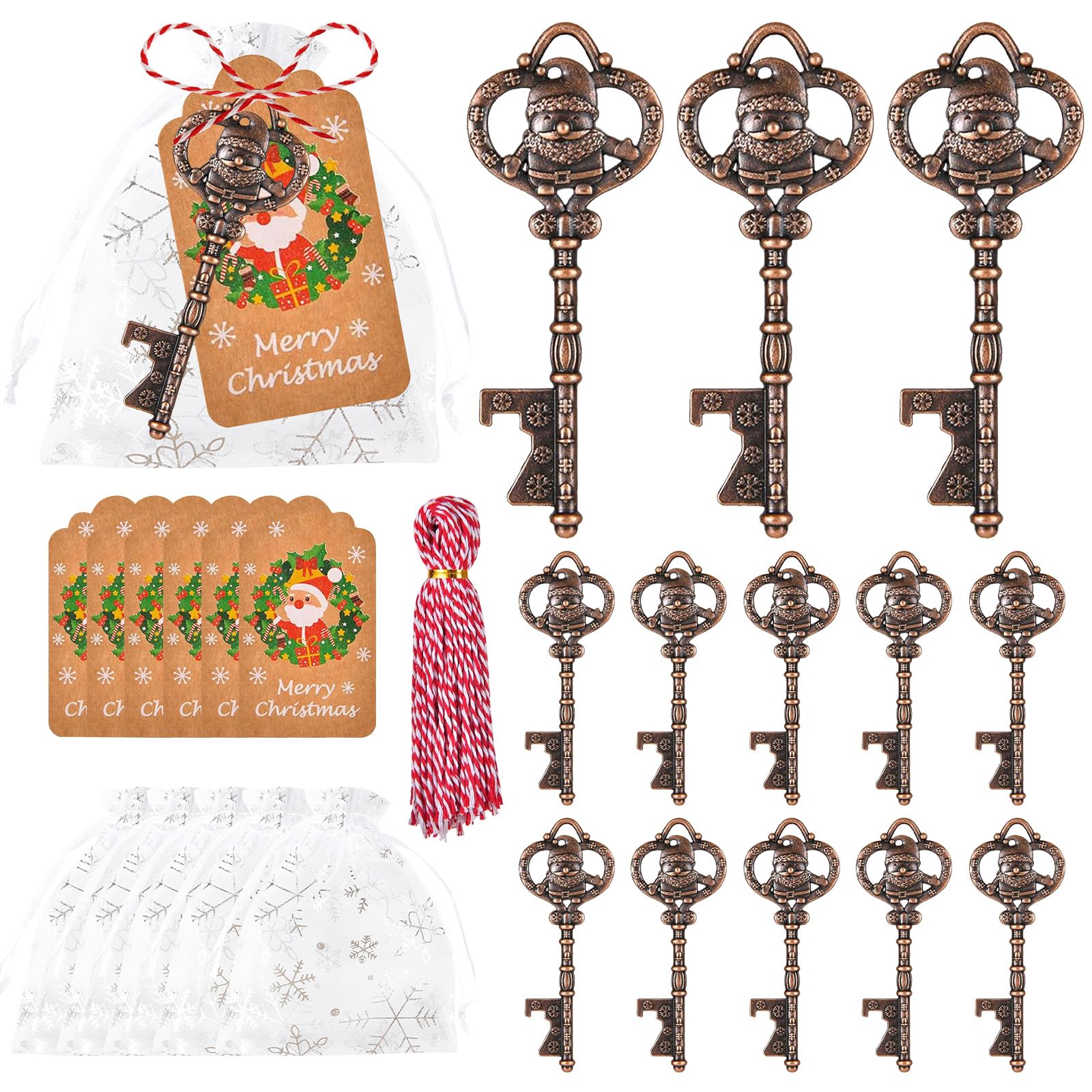 Set di 50 apribottiglie a forma di chiave per eventi a tema Babbo Natale, ideali per bomboniere, souvenir e regali per gli ospiti. Ogni apribottiglie è confezionato singolarmente