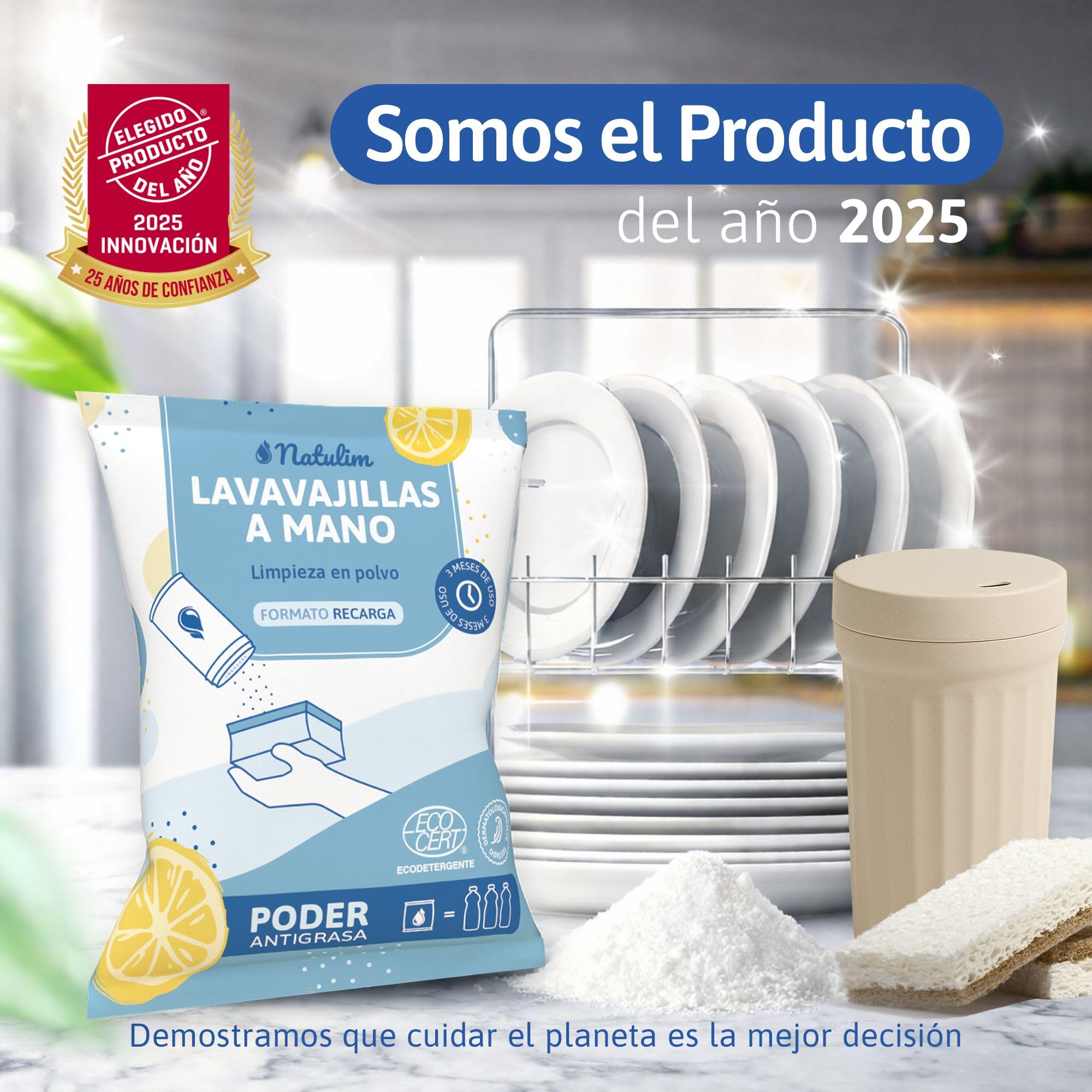 Natulim Pack Lavavajillas a mano - Eficaz en la Eliminación de Grasa y Restos de Comida - Contiene dispensador reutilizable, 2 esponjas y sobre de lavavajilla en polvo 250 Gr. (1 Pack)