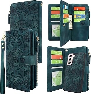 Harryshell Detachable Magnetic Zipper Wallet Leather Case with Cash Coin Pocket 12 Card Slots Holder Wrist Strap Lanyard for Samsung Galaxy S22 5G 6.1 inch (2022) (Flower Teal)