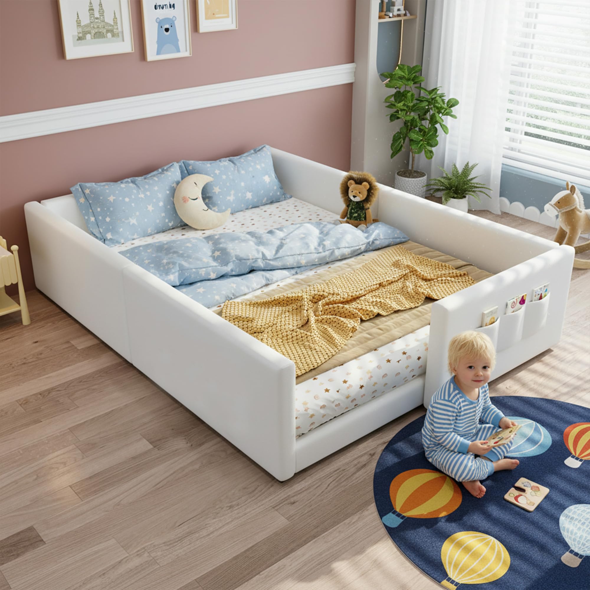 Montessori Letto a Terra per bambini 140 x 200cm, Letto imbottito PU con 3 pratiche tasche portaoggetti, Rete a doghe in Legno, letto Piazza e Mezza per Bambini(senza materasso)