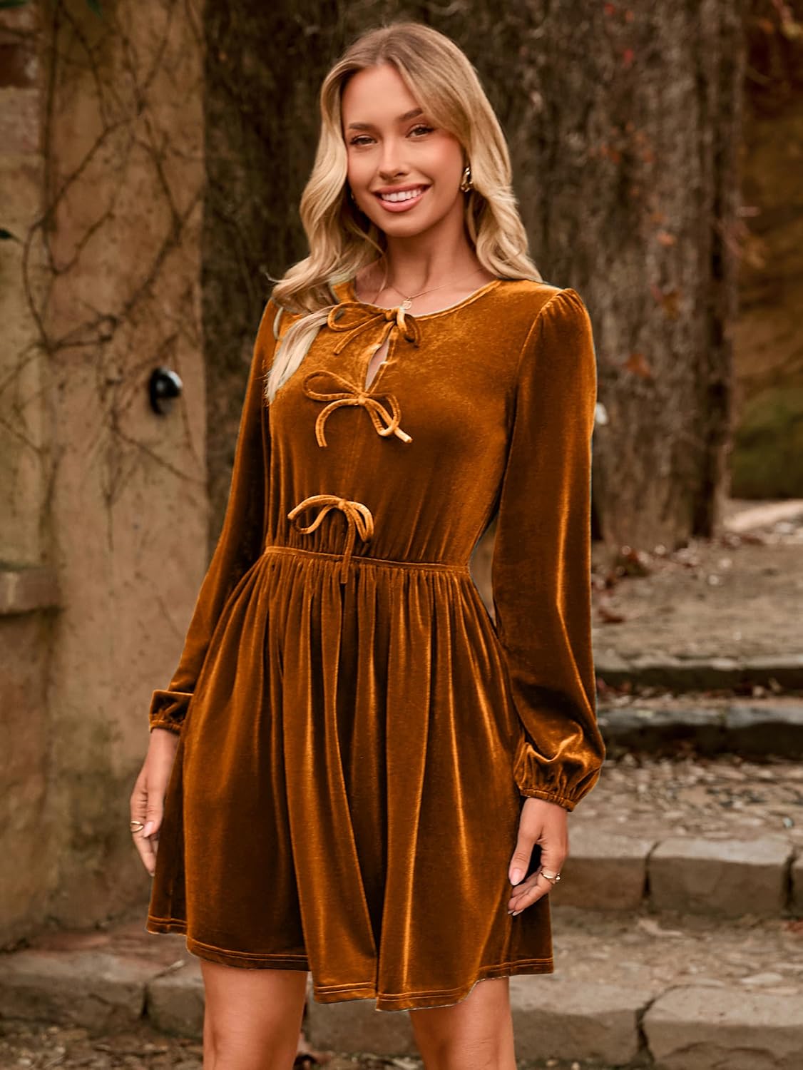 Simplee Womens Fall Velvet Dress Long Sleeve Bow Tie Front Babydoll A Line Cocktail Party Christmas Holiday Dresses - Image 2