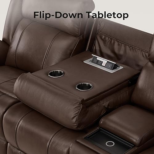 Miniatura 5 de CHITA Sofá reclinable eléctrico de cuero genuino, sofá reclinable de pared con mesa desplegable, consola, reposacabezas eléctrico, cajones, puertos