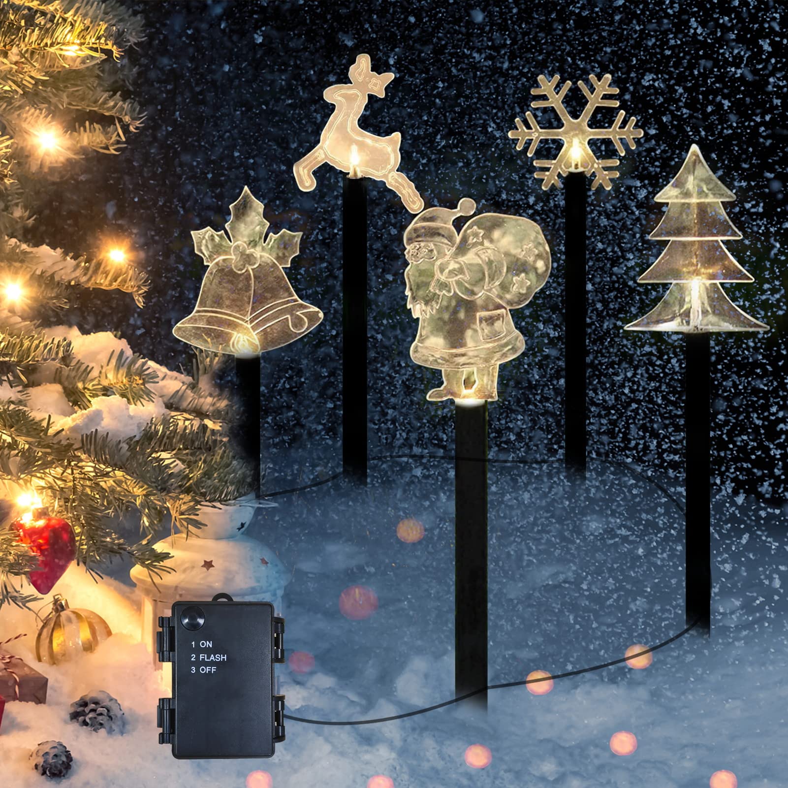 Acryl Weihnachtslichter 5 Acryl-Weihnachtslichter – Solar, Batteriebetrieben, Wasserdicht, Mit Erdspieß – Motive: Baum, Weihnachtsmann, Rentier, Schneeflocke, Glocke – Für Garten & Balkon