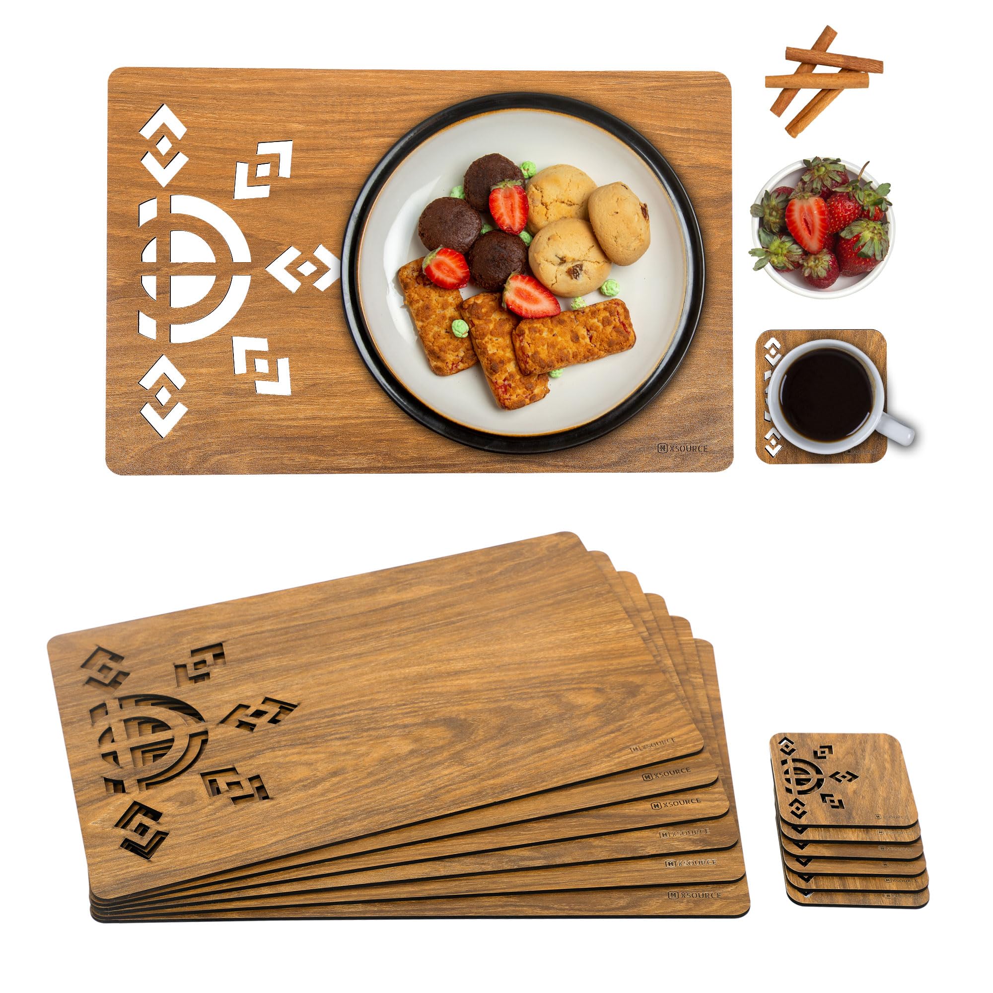 XSOURCE Wooden Placemat Mat with Tea Coasters Set of 2, 4, 6 Table Placemats for Dining and Kitchen Stylish Easy to Wipe Clean Non-Slip Heat Resistant Place Mats (2, Ractangle-Light Brown)-image-47