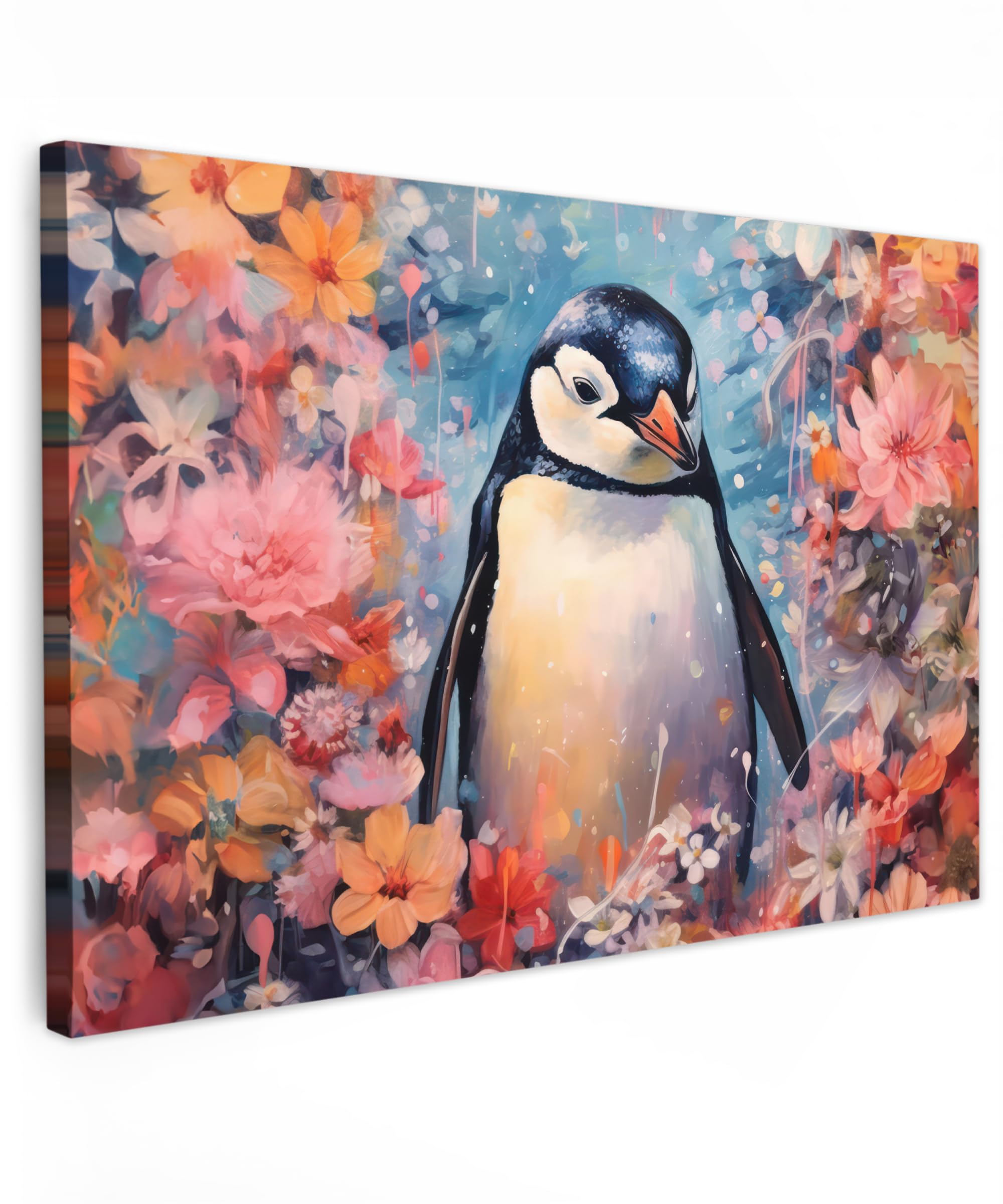 MuchoWow© Canvas Wall Art 24"x16" / 60x40 cm Home Decor Paintings for Living Room Decorations Gifts Hallway Penguin - Flowers - Polar animals - Pink — image 1