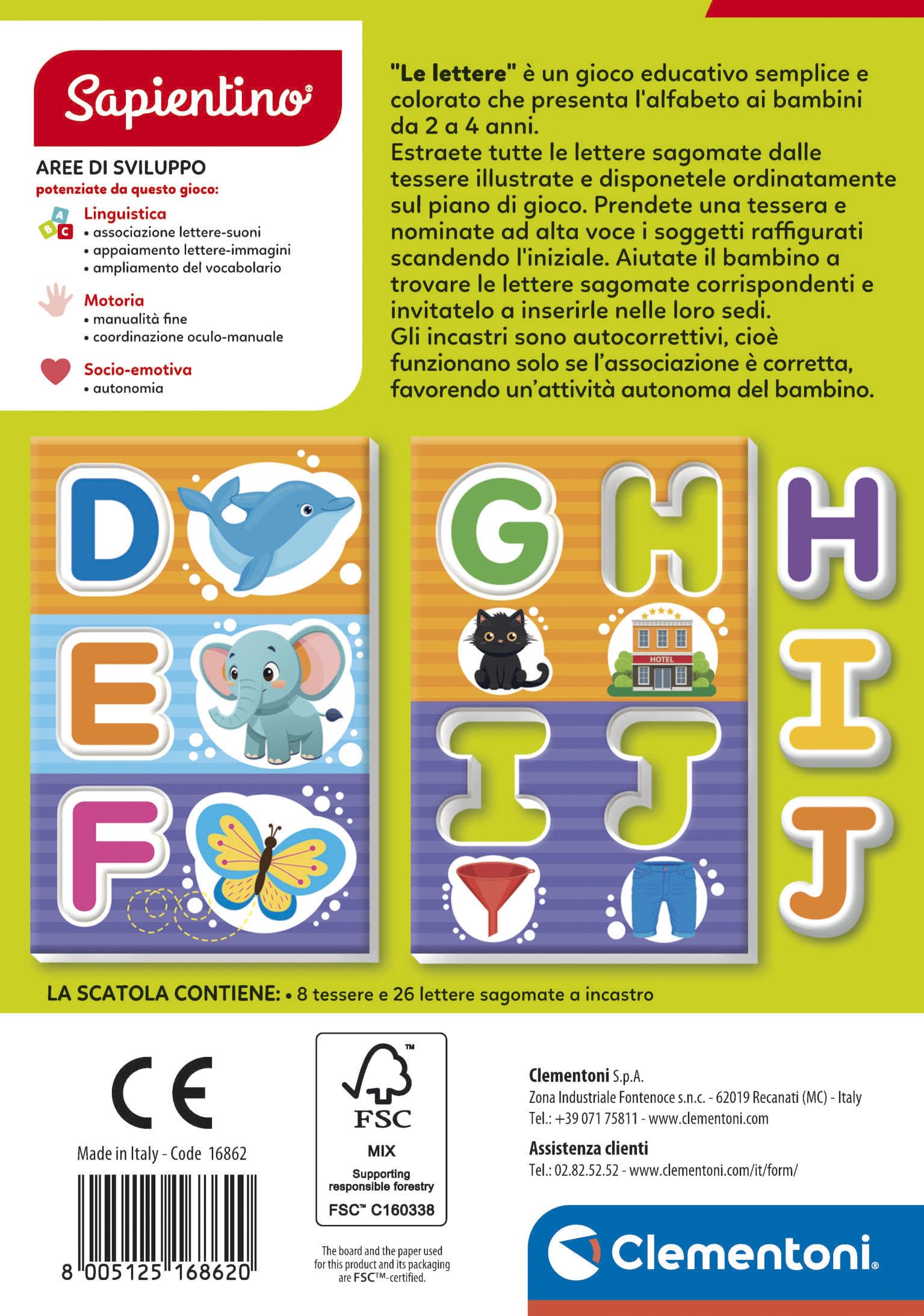 Clementoni Sapientino - Le Lettere, Gioco Educativo per Bambini 2-4 Anni con Tessere per Imparare Le Lettere dell'Alfabeto, Made in Italy, Lingua Italiana, 16862