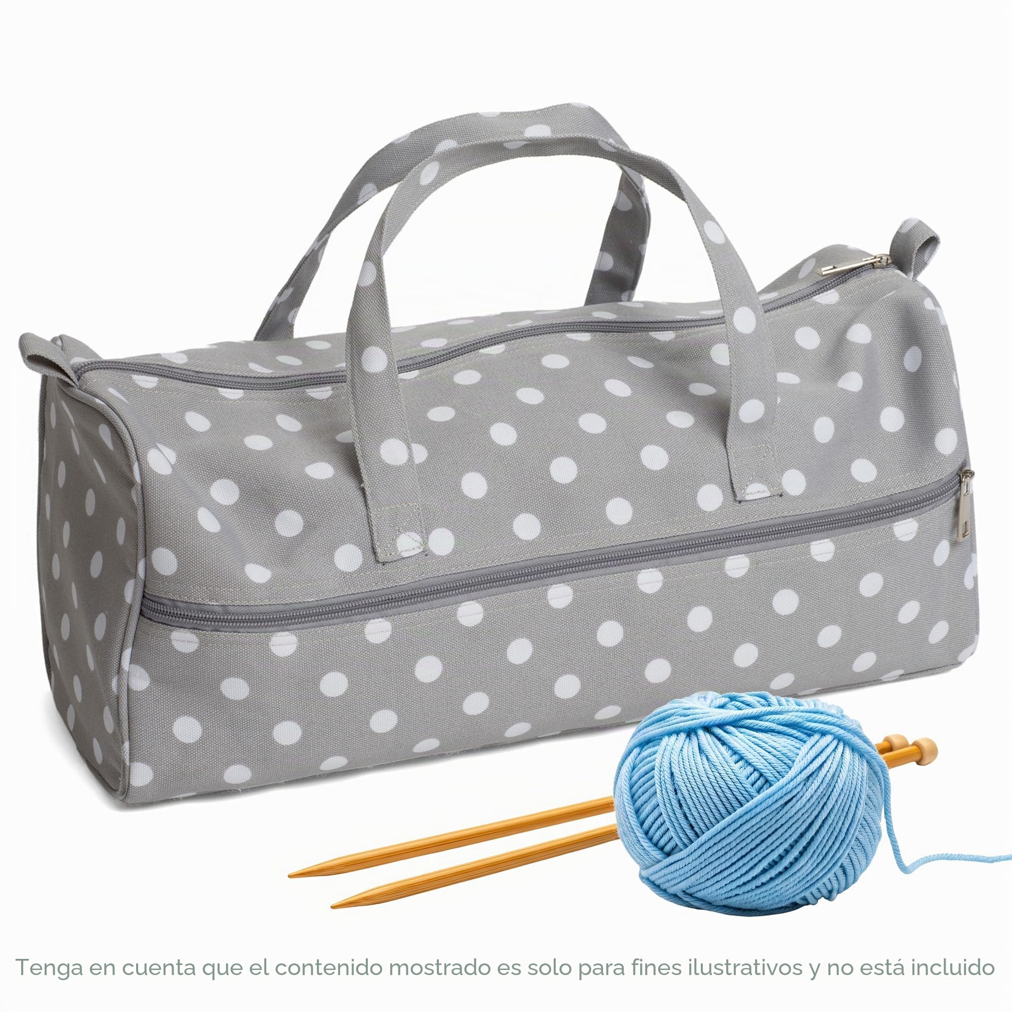 Hobby Gift Bolsa de Tejer Mediana con Cremallera Frontal Completa, Organizador de Crochet y Almacenaje de Lana para Viaje, Bolsa de Costura con Compartimentos, 16 x 43 x 19 cm, Lunares Gris