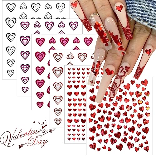 6 hojas de calcomanías de corazón para uñas, diseño láser rojo 3D para el día de San Valentín, calcomanías autoadhesivas para arte de uñas,