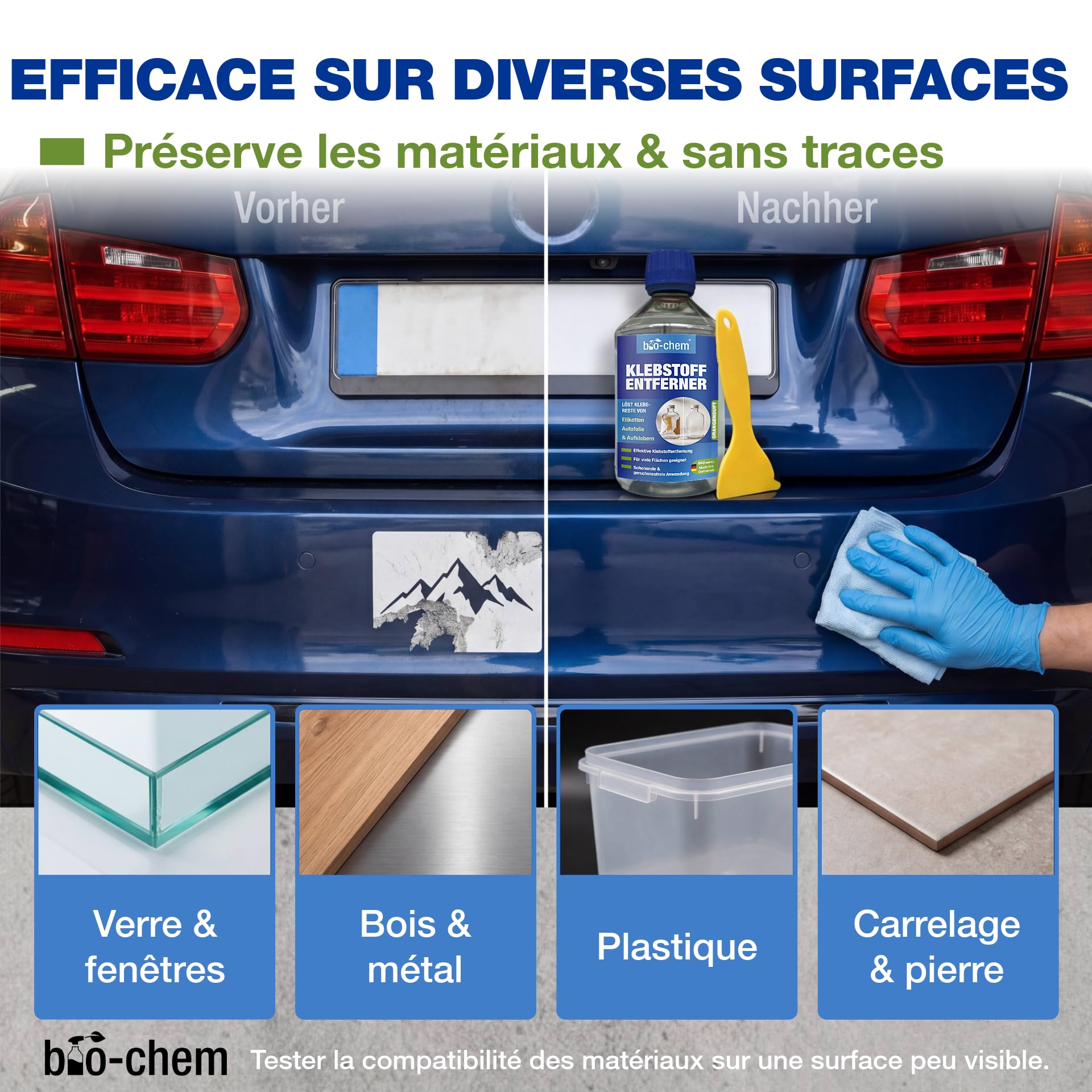 bio-chem - Dissolvant colle et adhesif 500ml - Alternative à l'acetone - Produit enlever colle autocollant - Décape résidus étiquettes, glue extra forte, uhu, loisir creatif - Grattoir inclus