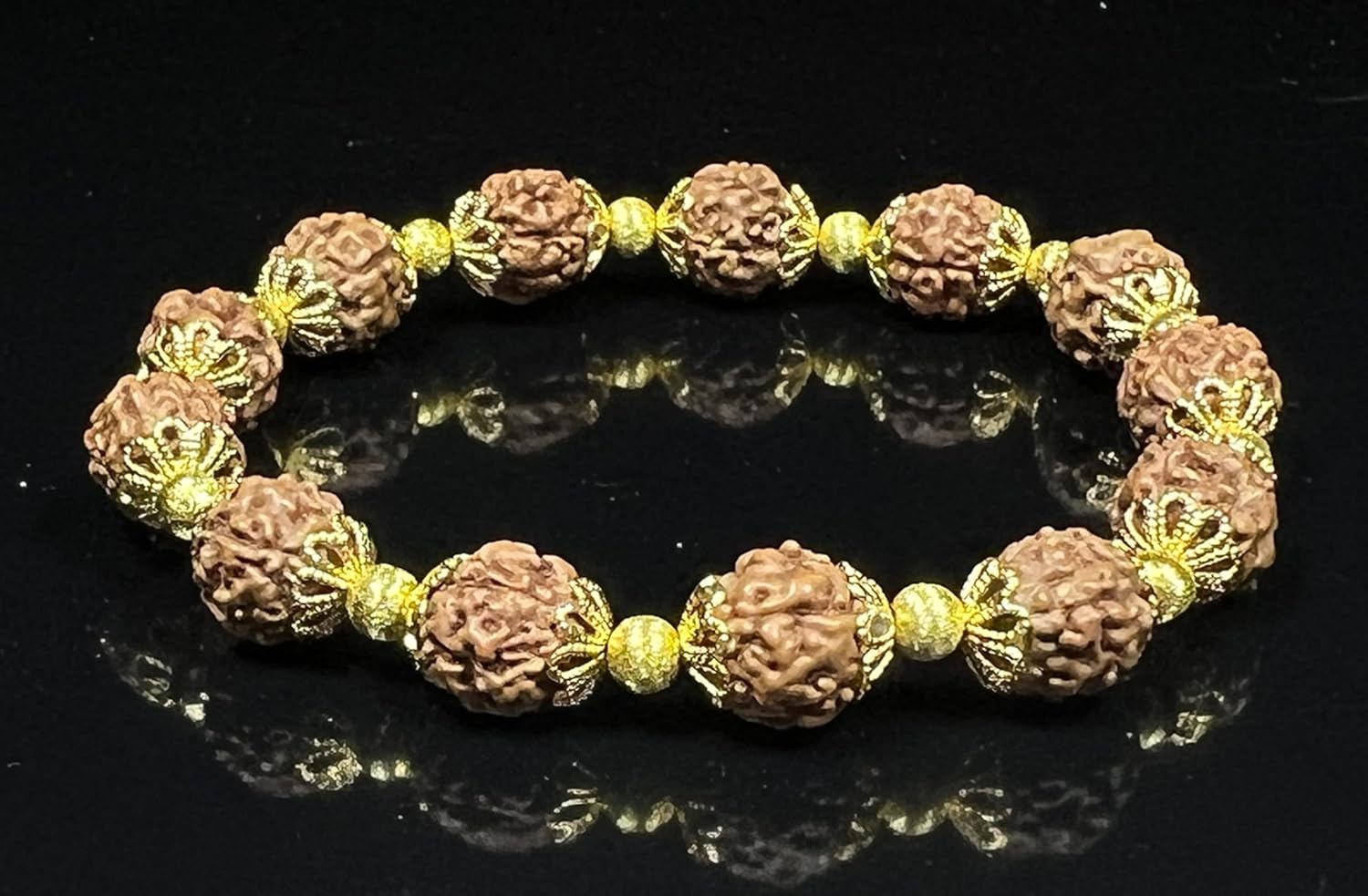 5 Mukhi Rudraksha Bracelet – 10mm Chikna Beads w/Golden Spacers