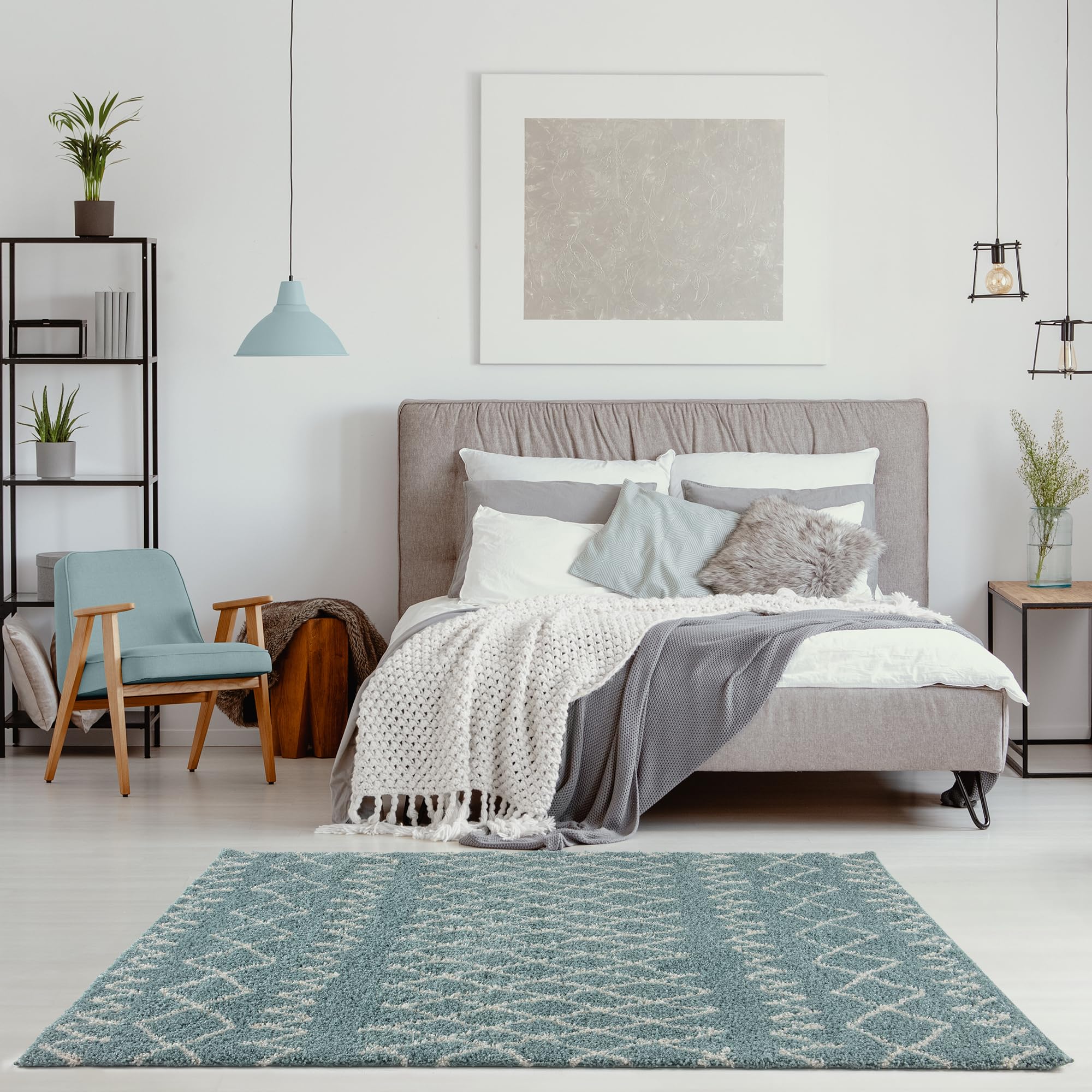 THE RUGS Modern Moroccan Design Living Room and Bedroom Rugs, Non-Shedding & Easy Care (Tangier Duck Egg Blue/Ivory, 80x150 cm) - Image 4