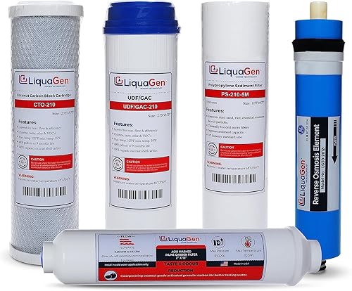 LiquaGen Paquete de filtros para 5 etapas de repuesto para sistema de ósmosis inversa  Kit purificador de agua potable para el hogar  Compatibilidad