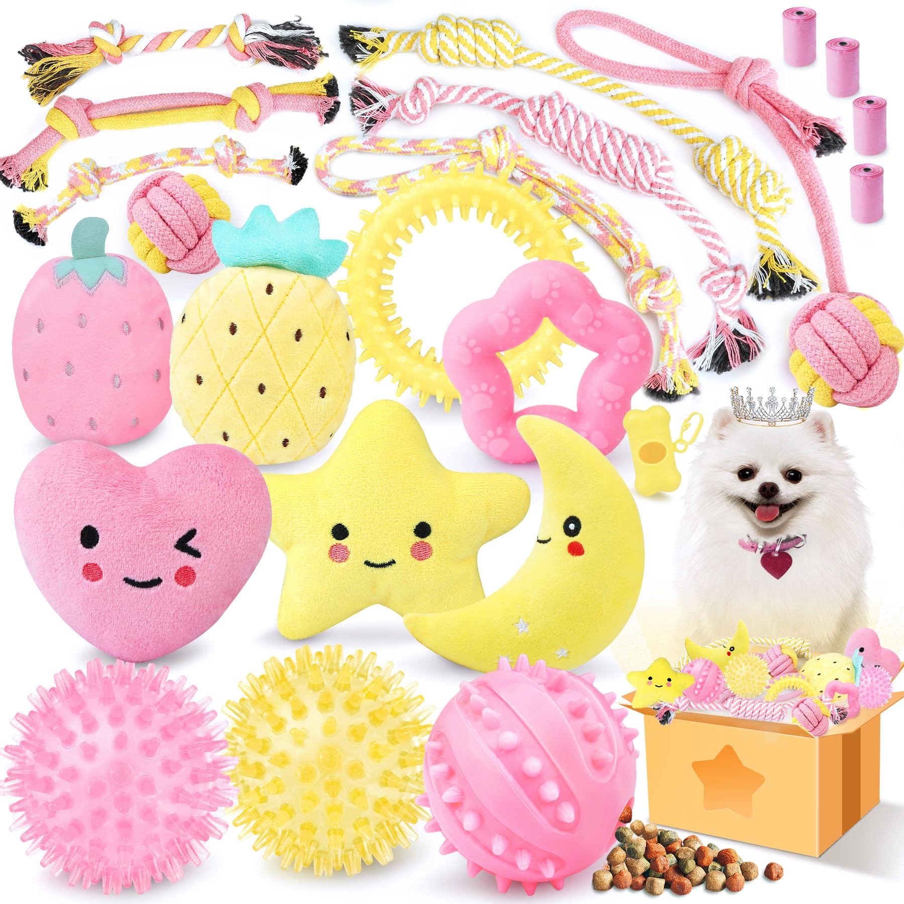 Pink Puppy Toys for Teething - 23 Pack Puppy Chew Toys for Boredom, Interactive Dog Toys for Puppies, Cute Small Dog Toys with Treat Ball, Squeaky Dog Chew Toys and Ropes