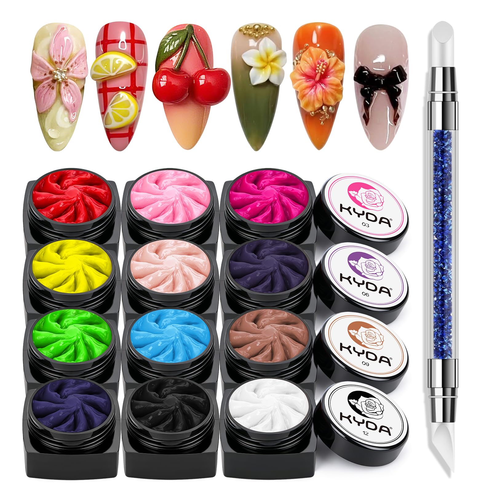 Ownest 12 Colors Sculpture Painting Nail Gel Set,3D Nail Carved Gel Sculpture Creative Painting Glue Soak Off UV,with 1 Carved Painting Pen-5g-image-24