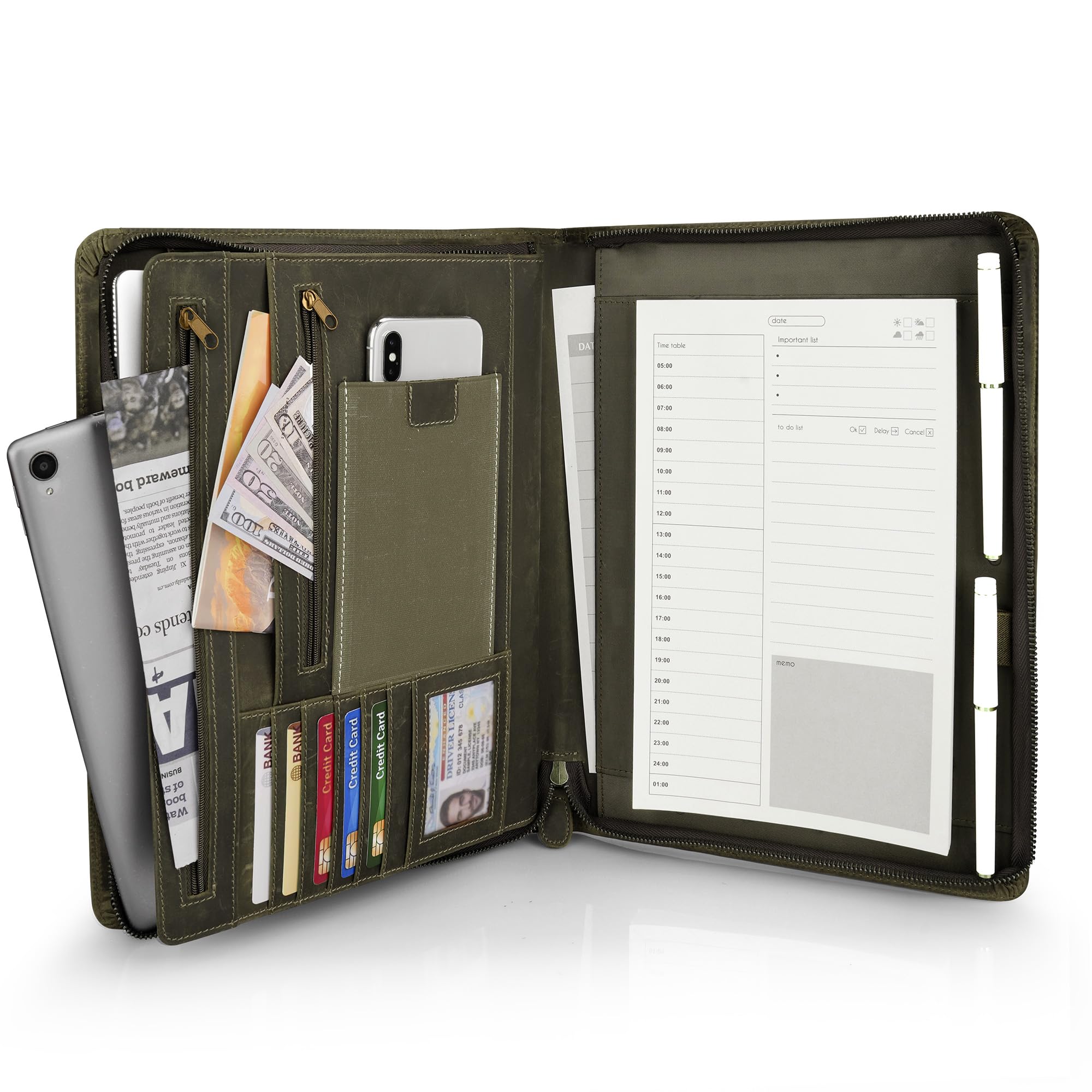 Jowlroel Full Grain Leather Portfolio A4, Premium Conference Folder with Zipper, Multi-Function Business Organizer & Padfolio for Men and Women, Professional Executive Gift - Green