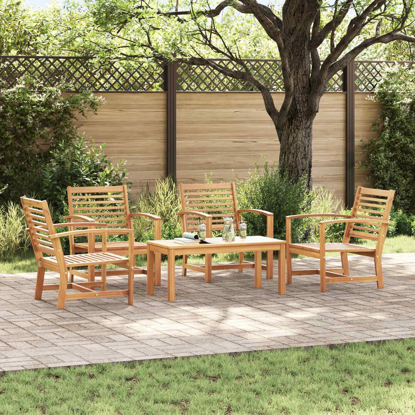 Set di 5 divani da giardino in legno massello teak naturale con cuscino rimovibile, resistente alle intemperie, set di mobili da giardino per salotto e balcone