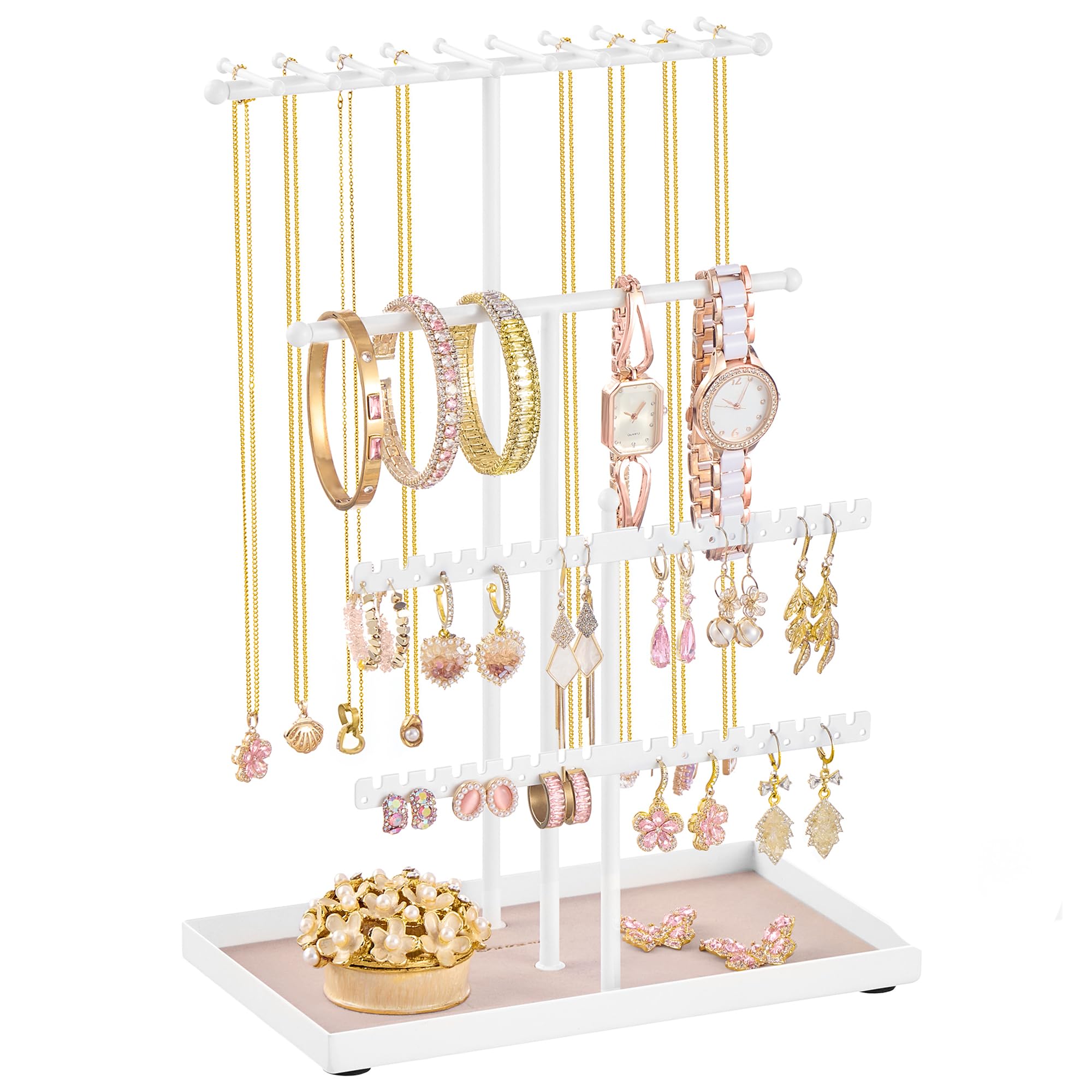 SONGMICS Schmuckständer, Schmuckhalter, Metallrahmen, Schmucktablett Samt, Schmuckaufbewahrung für Halsketten Armbänder Ohrringe Ohrstecker Ringe, Geschenkidee, mattweiß JJS036WG03